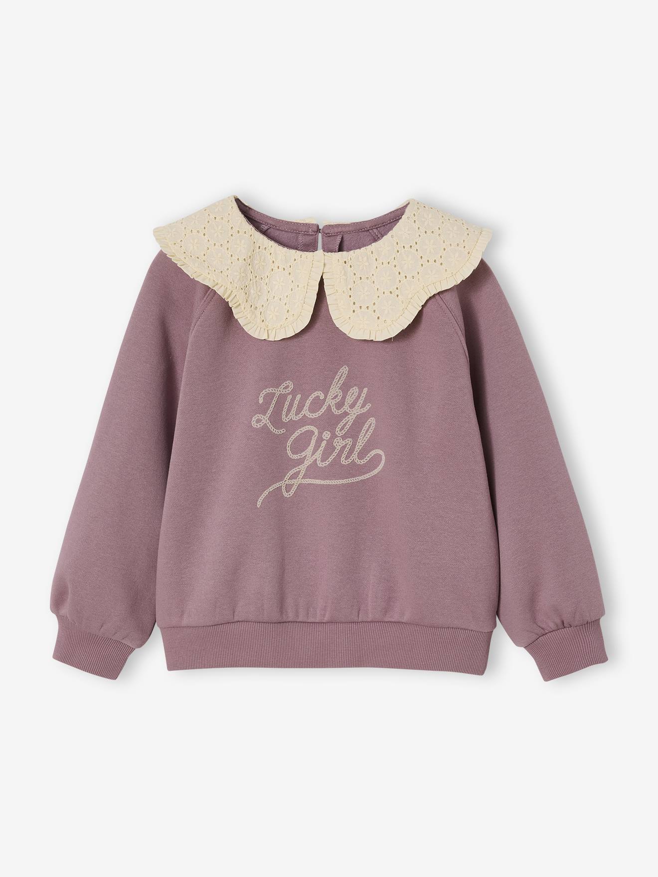 Sweater met kraag van Engels borduurwerk voor meisjes met flockprint en fluwelen boodschap zachtpaars afbeelding