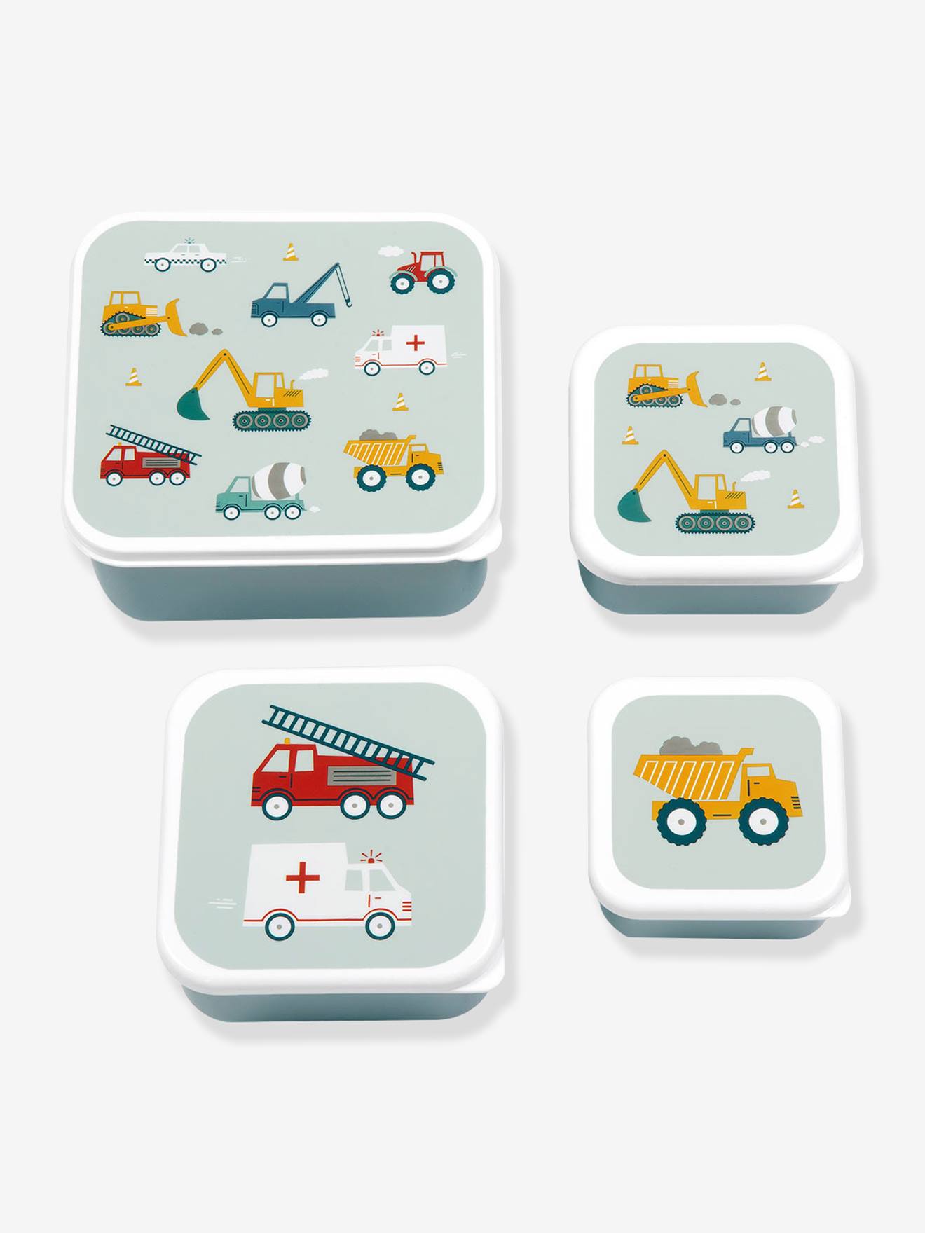 Set van 4 lunchtrommels voor jongens VOERTUIGEN A Little Lovely Company bleekblauw