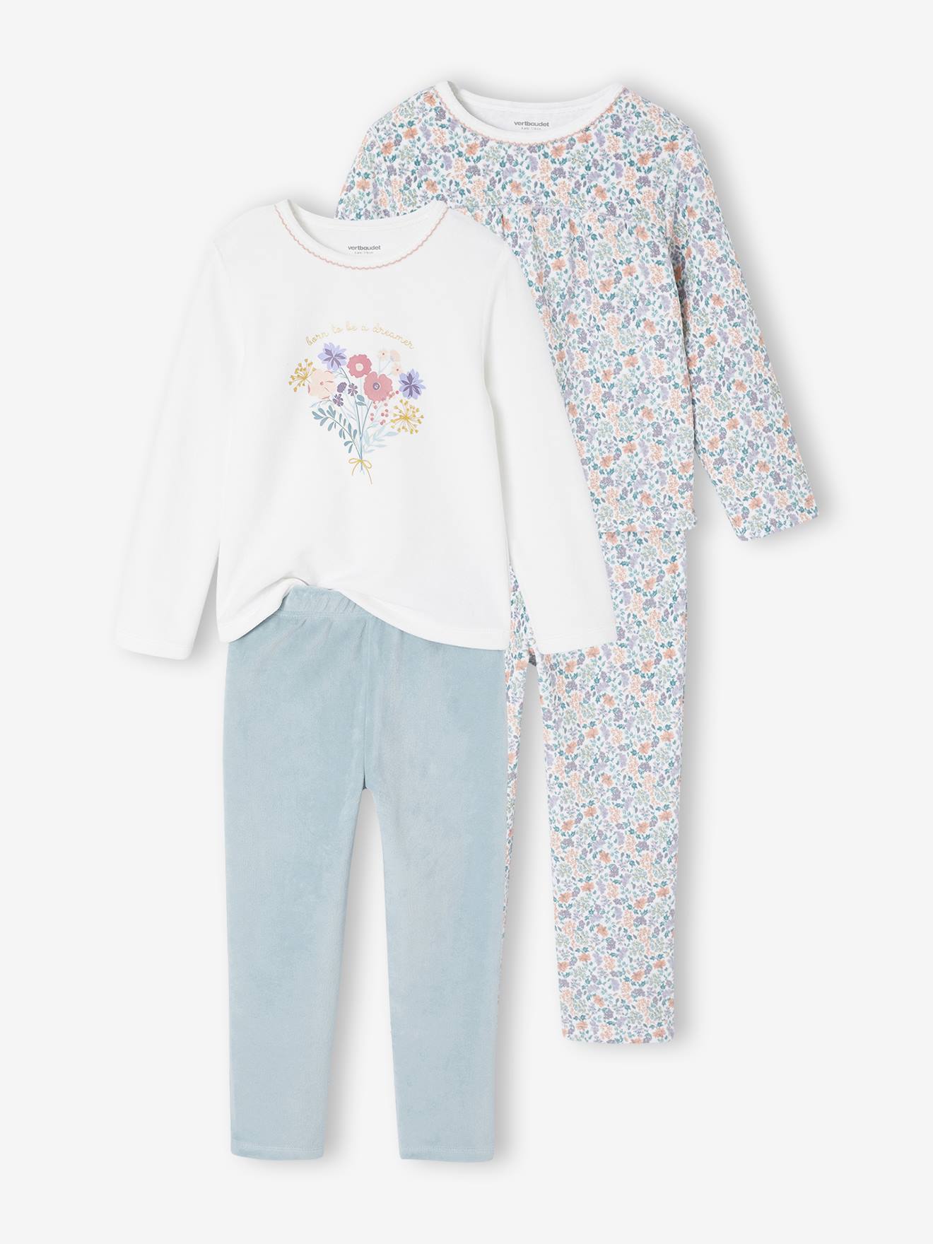 Set van 2 pyjama's fluweel/velours met bloemen voor meisjes ecru afbeelding