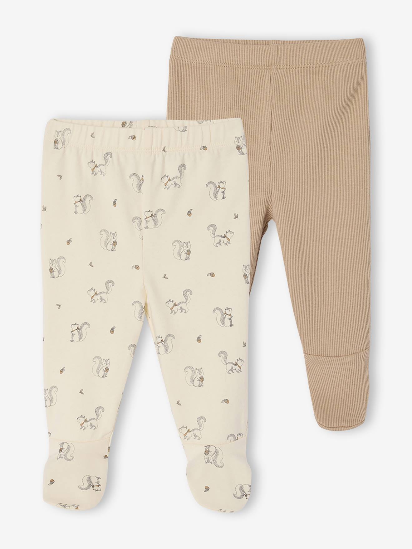 Set van 2 broeken voor pasgeboren met voetjes beige afbeelding