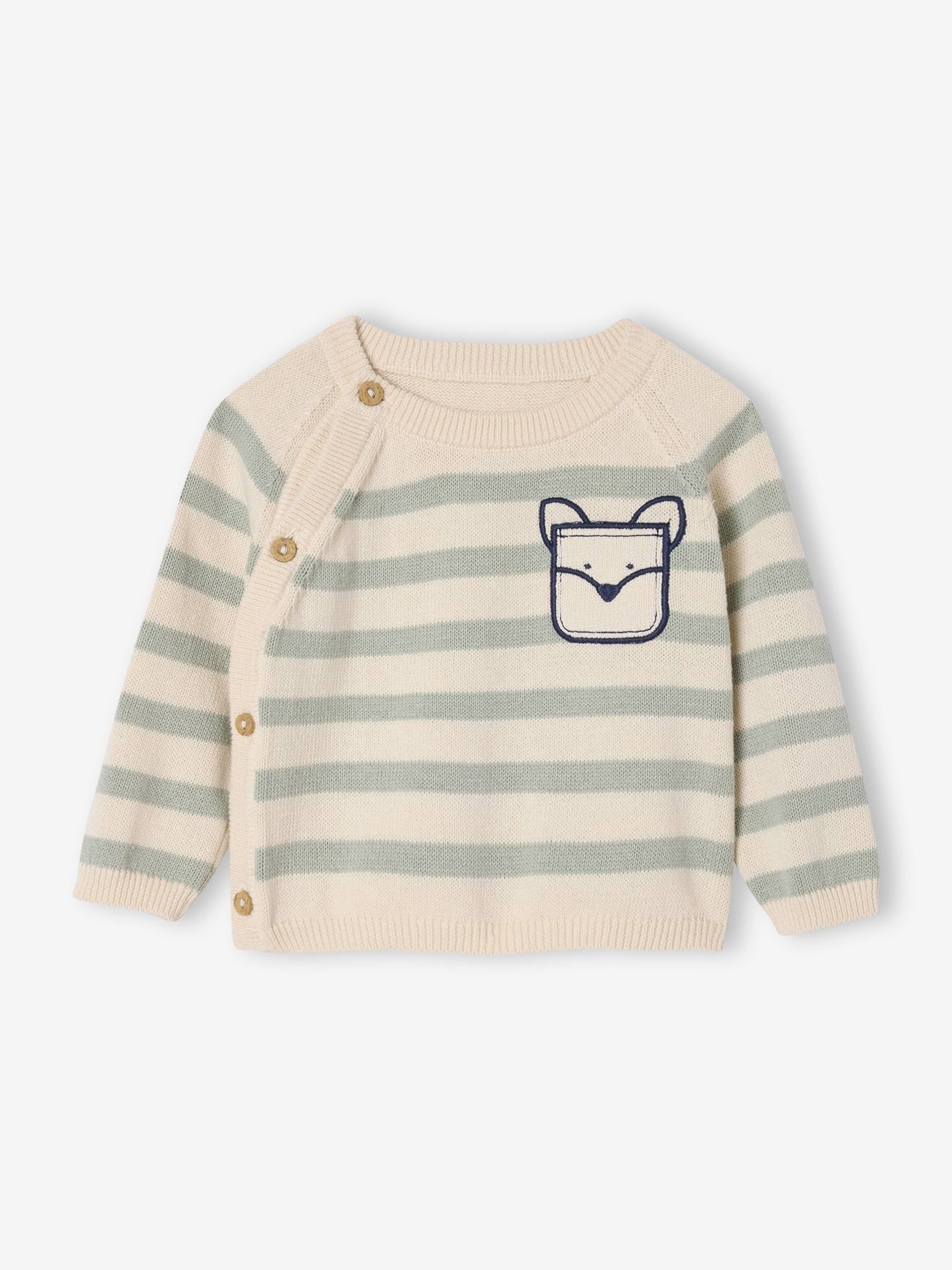 Gestreepte trui voor pasgeborenen in tricot met sierzak gemêleerd beige afbeelding