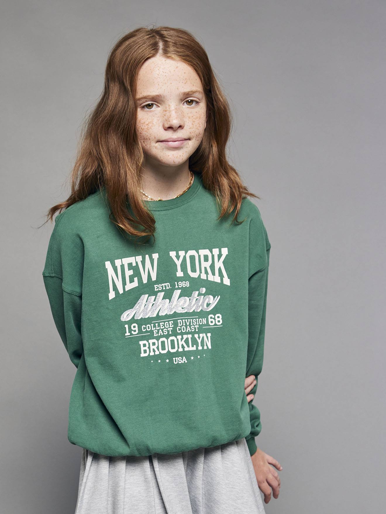 Sweater met New York-motief voor meisjes JONEN engels groen afbeelding