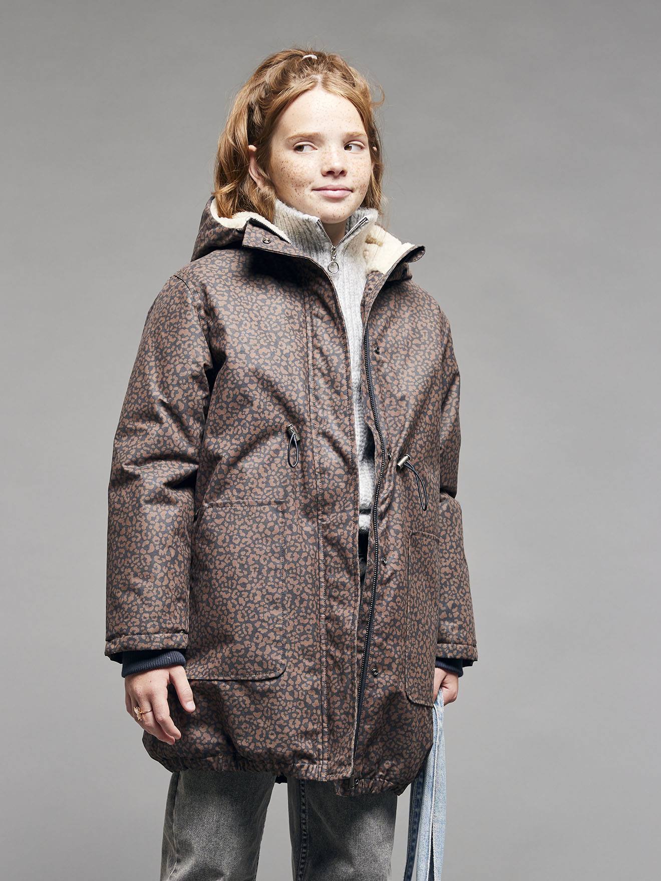 Parka met luipaardprint voor meisjes met sherpavoering JONEN marineblauw