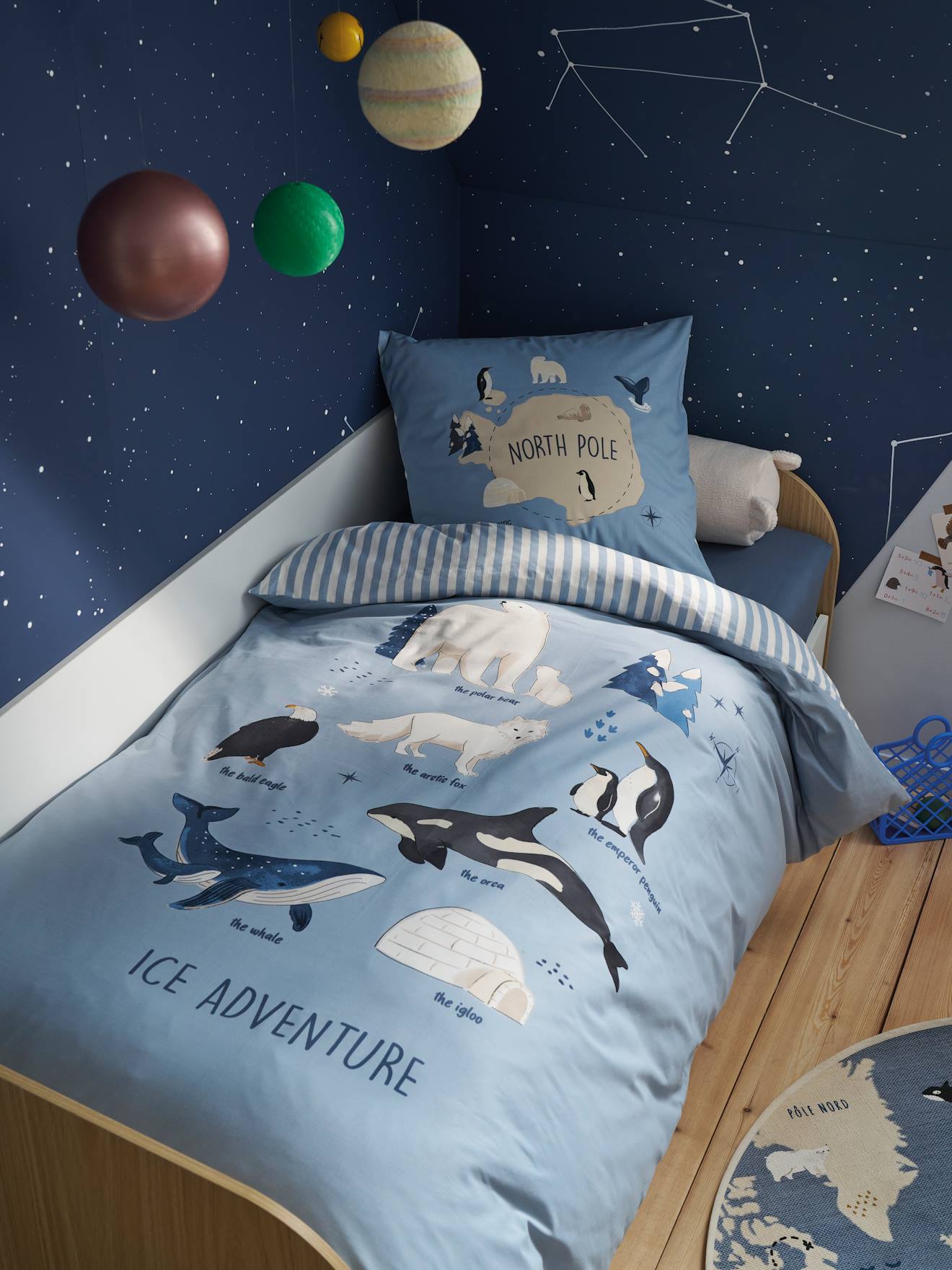 Bedset dekbedovertrek + kussensloop voor kinderen PÔLE NORD, met gerecycled katoen oceaanblauw afbeelding