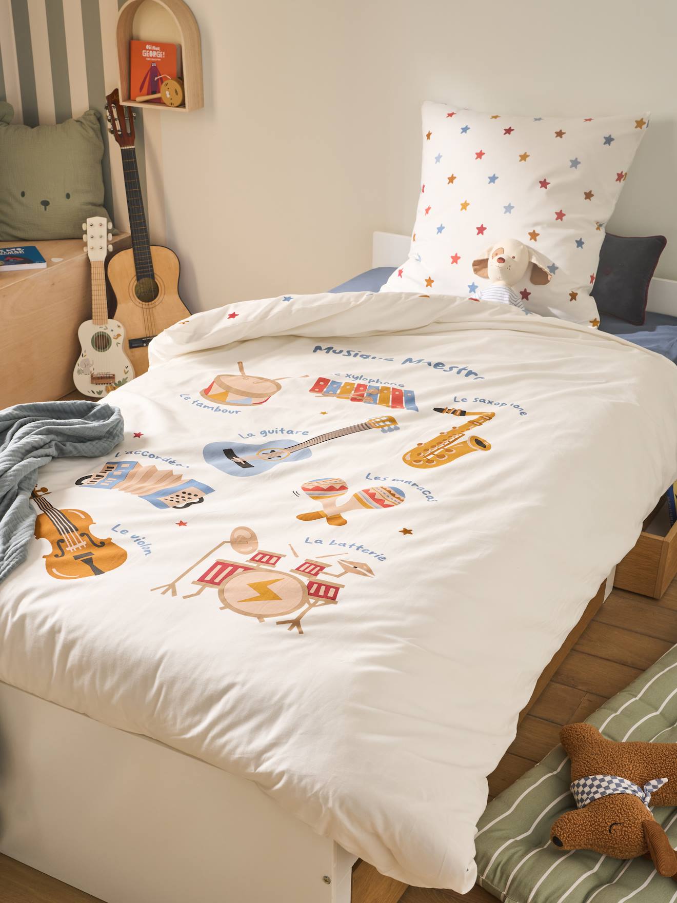 Bedset dekbedovertrek + kussensloop voor kinderen MUSIQUE LEXIQUE met gerecycled katoen wit, bedrukt afbeelding