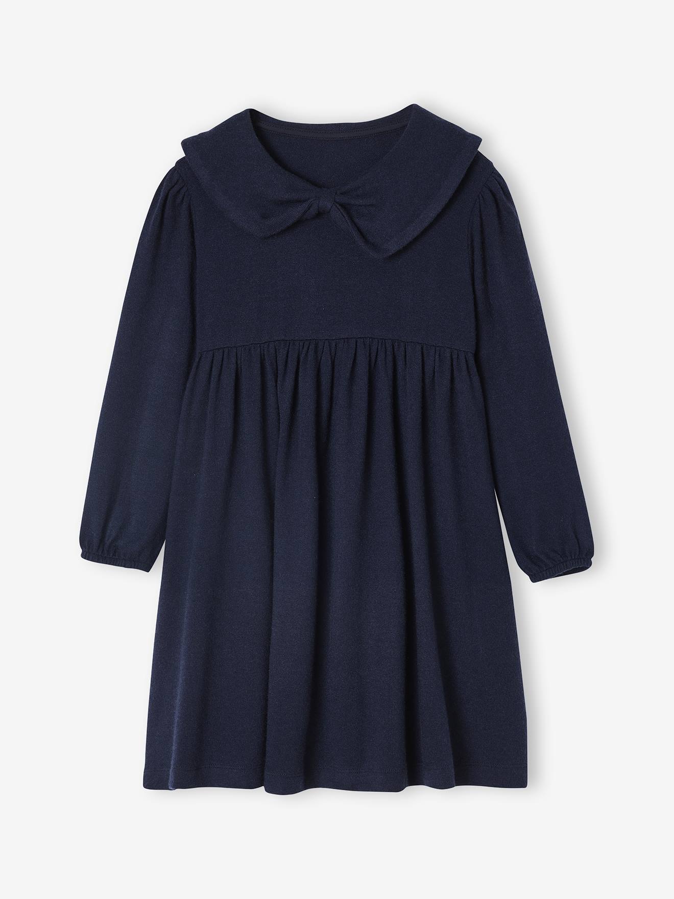 Jurk met fantasie kraag van gebreide tricot voor meisjes marineblauw afbeelding