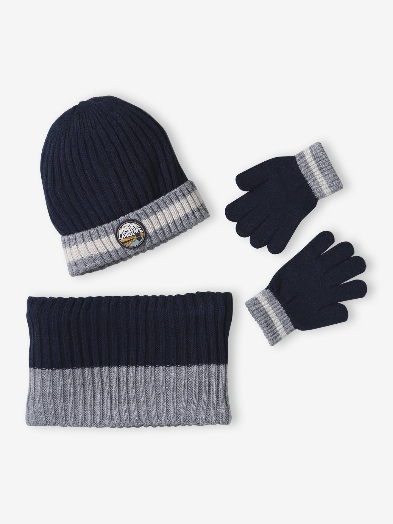 Babyset jongen muts + snood + wanten > nachtblauw afbeelding
