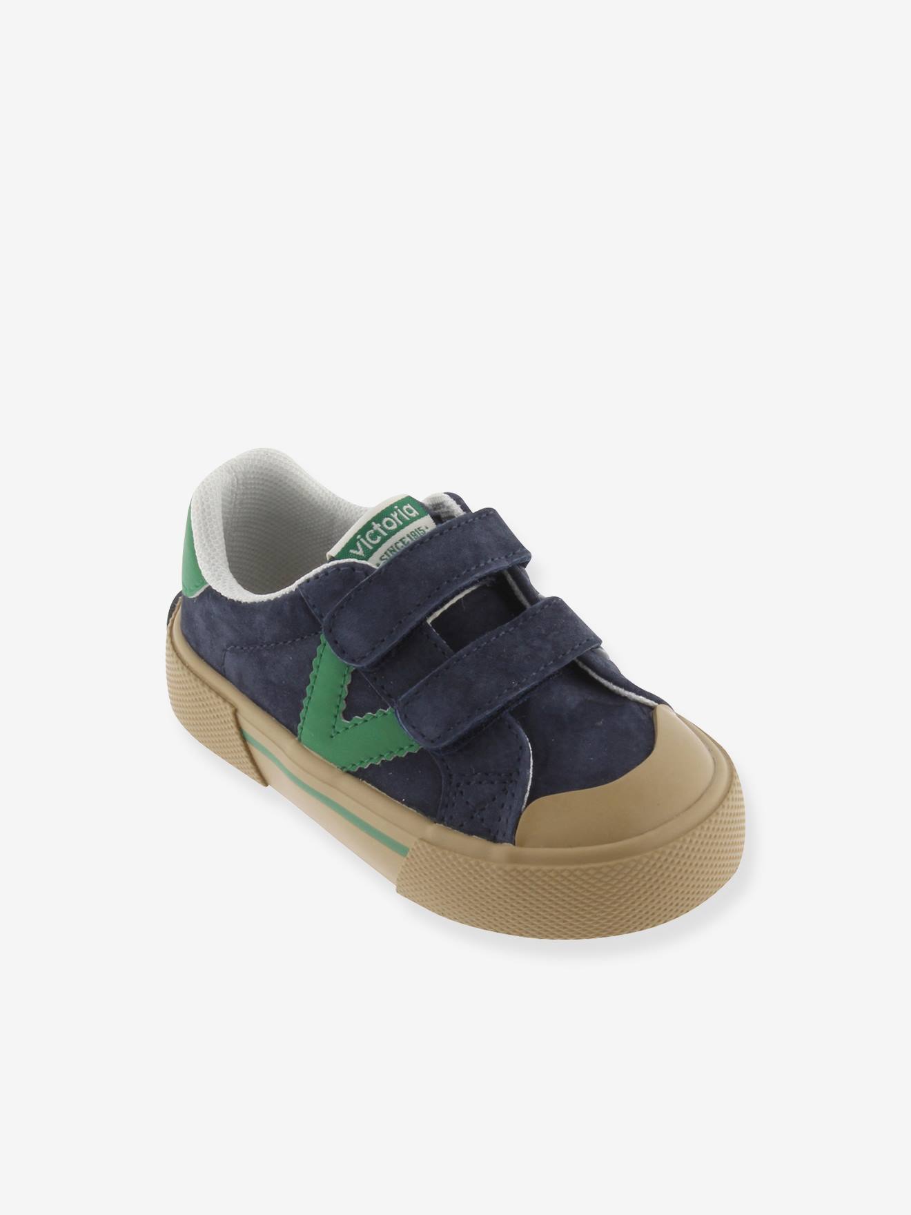 Kinderbaskets van leer en contrast met klittenband VICTORIA marineblauw afbeelding