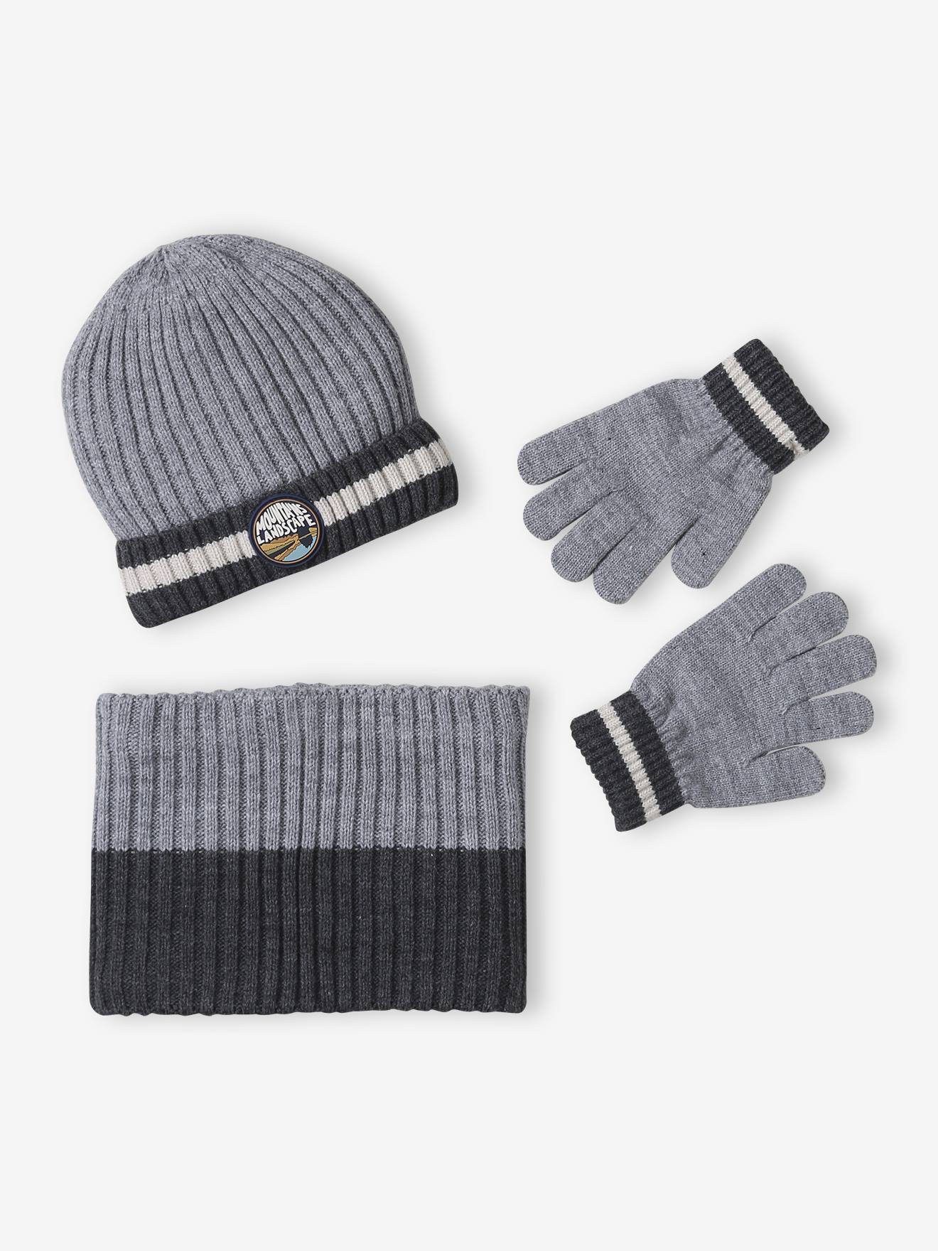 Babyset jongen muts + snood + wanten > gemêleerd grijs afbeelding