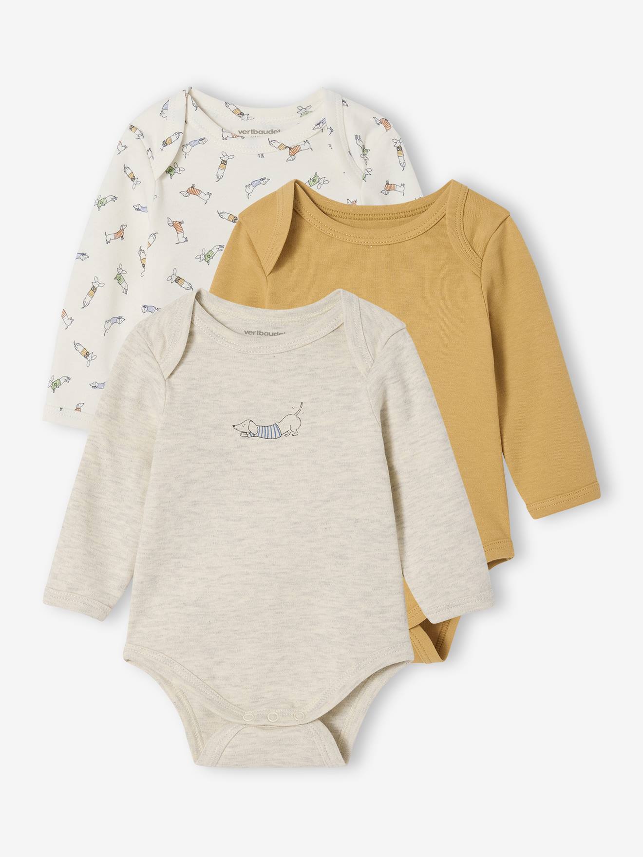 Set van 3 body's voor pasgeborenen met Amerikaanse opening gemêleerd beige afbeelding