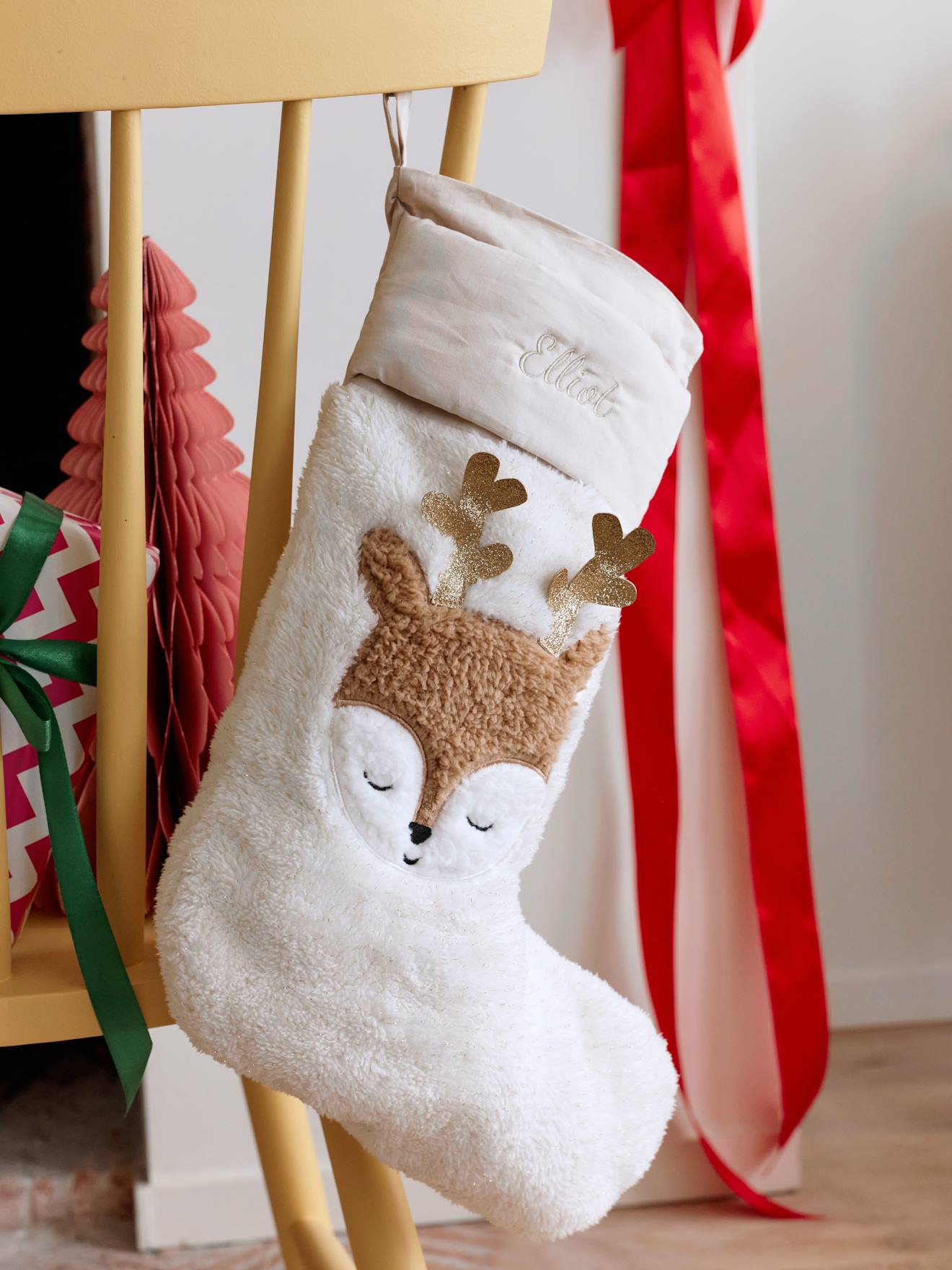 Kerstsok rendier goudbeige afbeelding