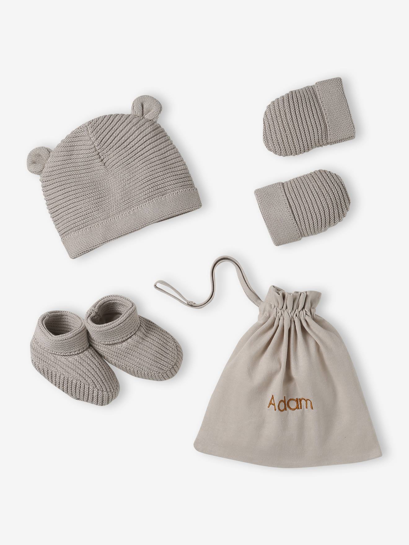 Babyset muts, wanten en sloffen van biologisch katoen en zijn aanpasbare pochon gemêleerd beige afbeelding