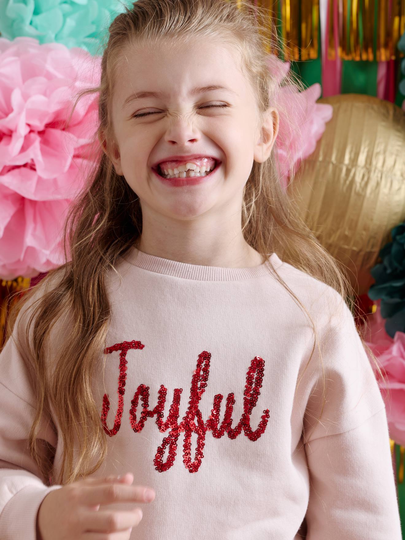 Kerst sweater voor meisjes met boodschap in pailletten roze (poederkleur) afbeelding