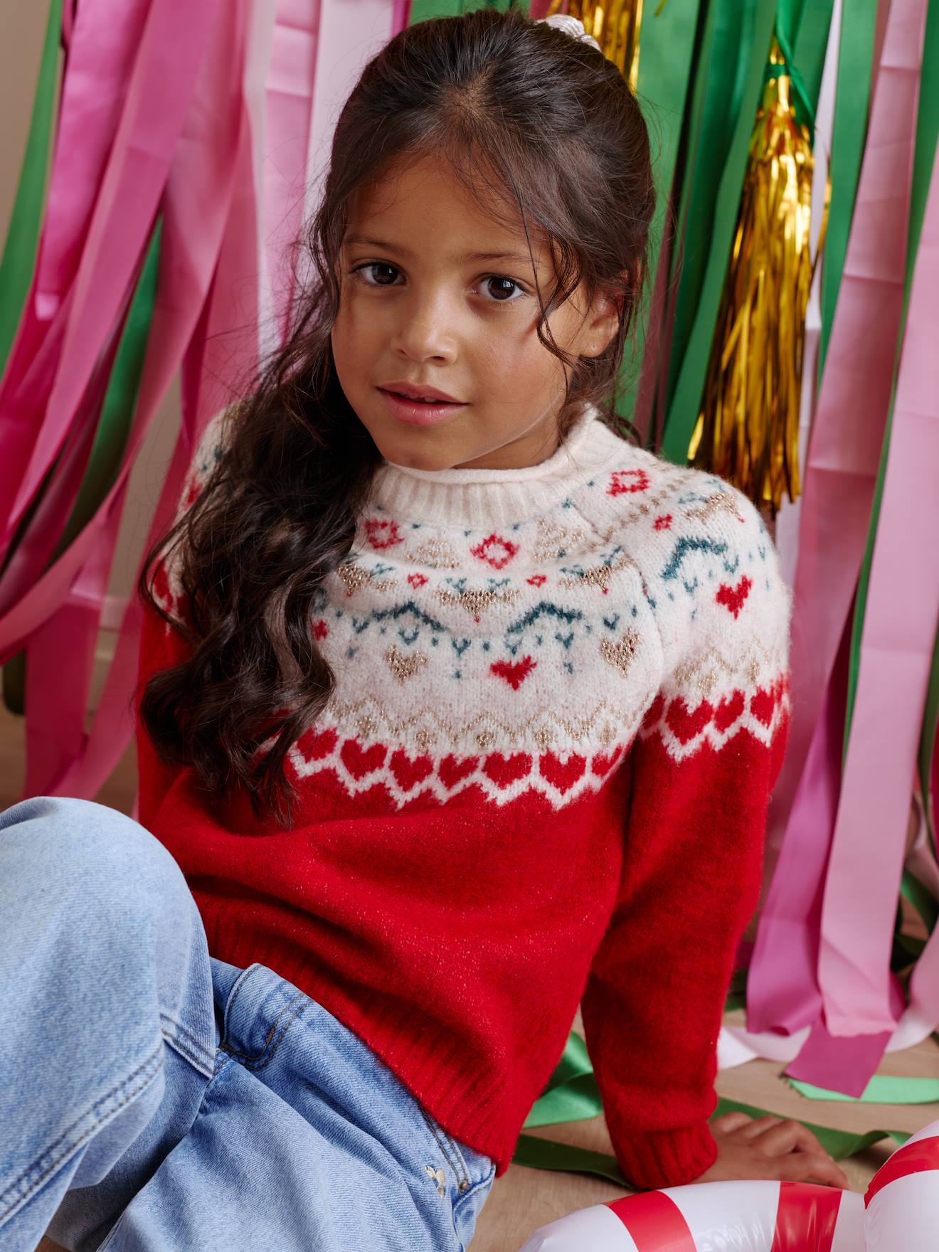 Jacquard trui voor meisjes met kerstthema rood afbeelding