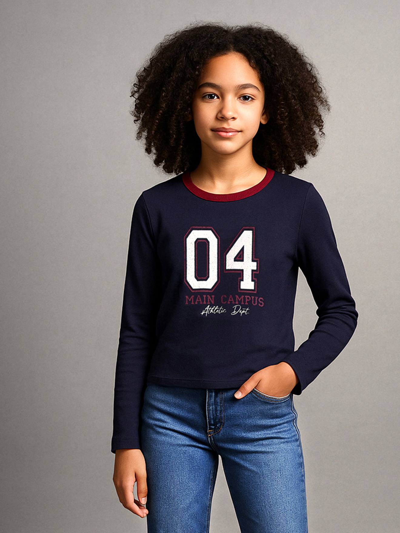 Cropped shirt met lange mouwen voor meisjes JONEN marineblauw afbeelding