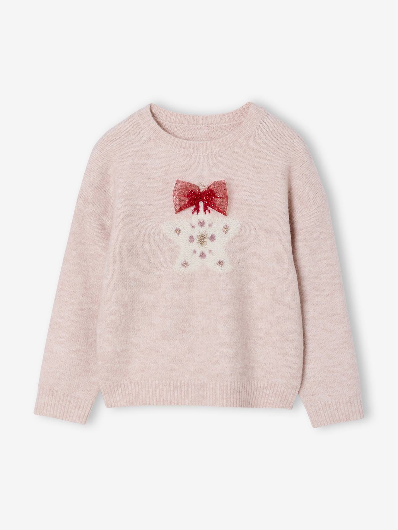 Kerst trui voor meisjes met glinsterende vallende ster roze (poederkleur) afbeelding