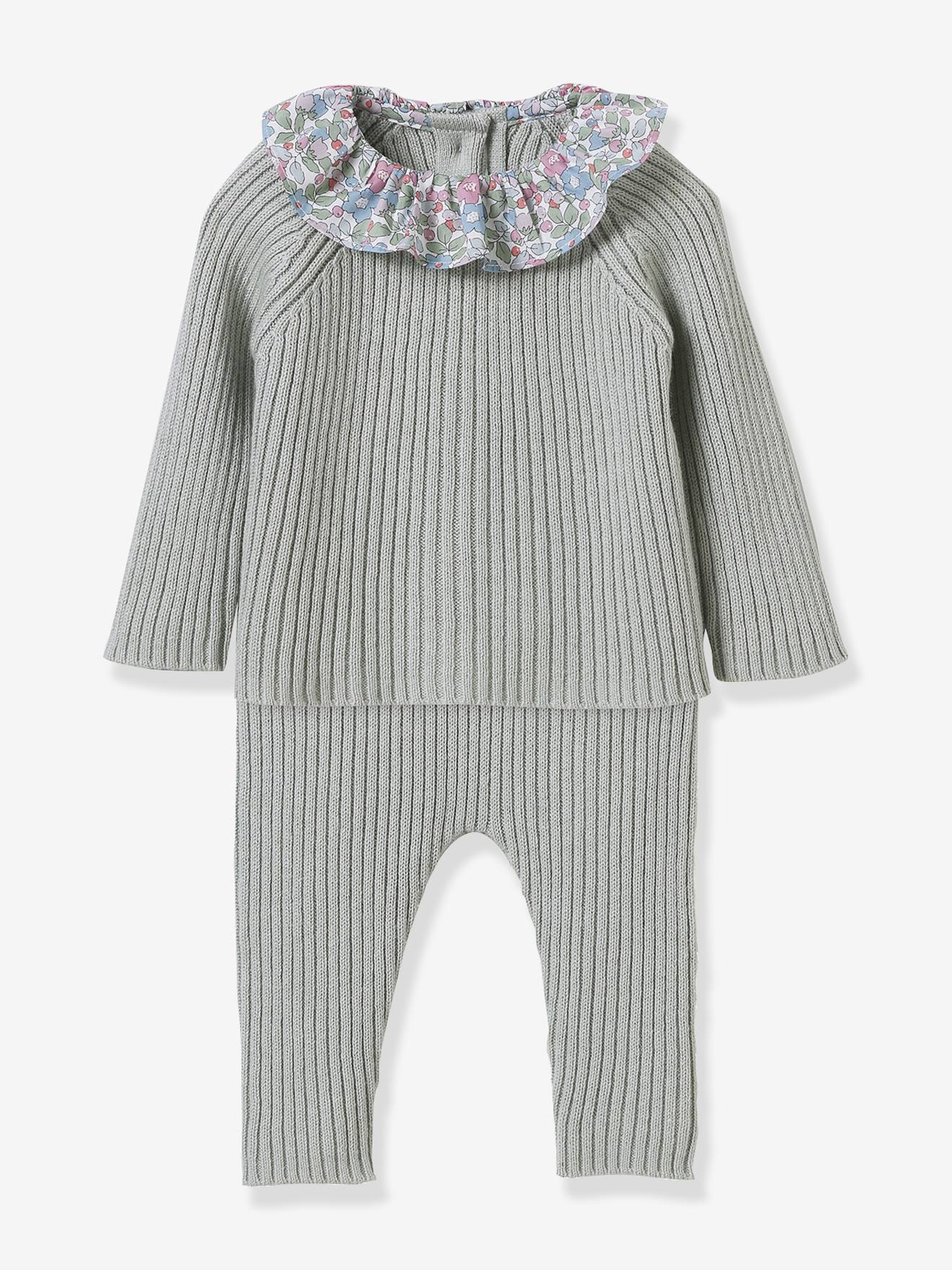 Babyset baby gebreid met Liberty CYRILLUS stoffen kraag rozen afbeelding
