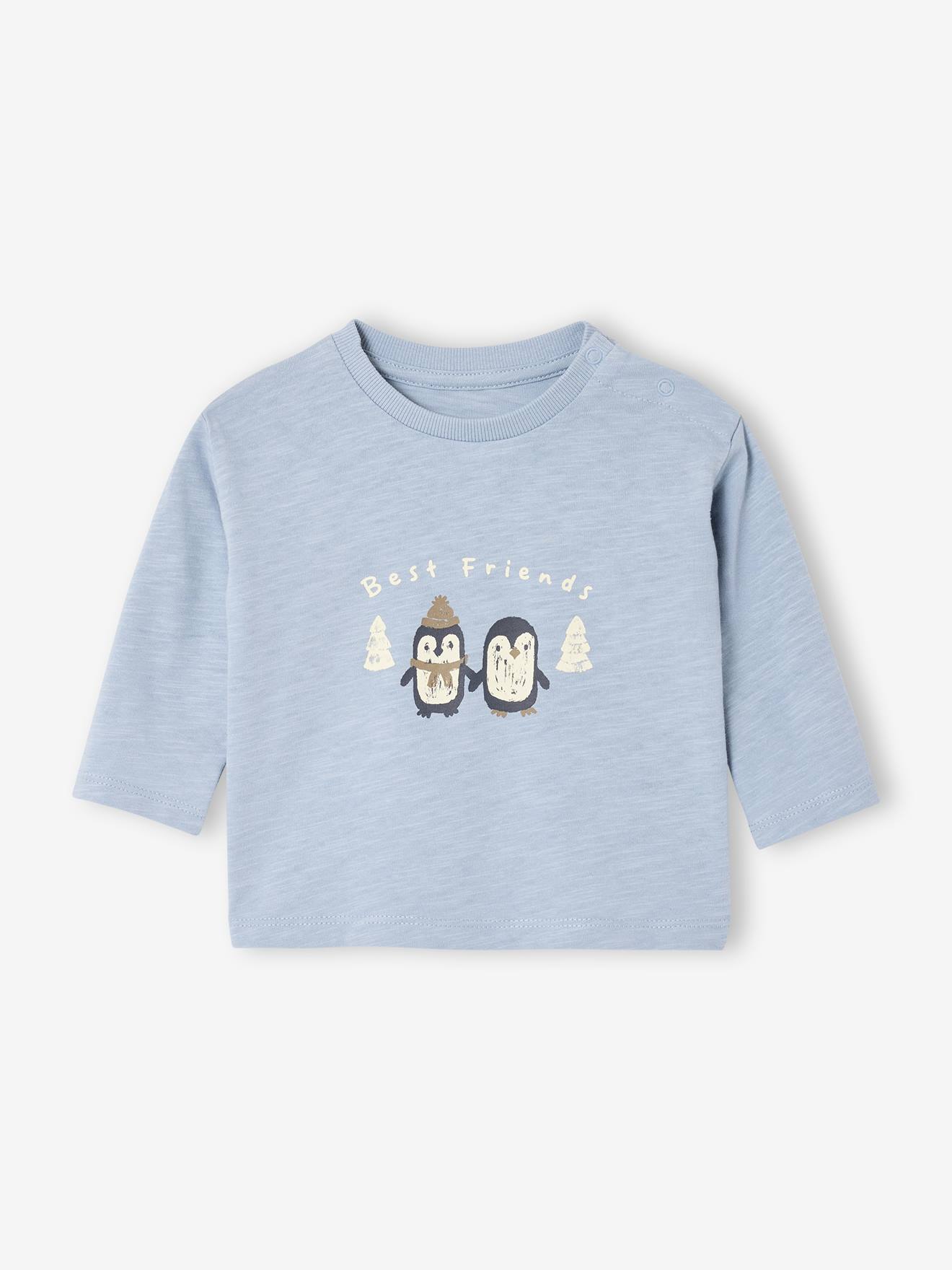 T-shirt baby met lange mouwen en pinguïnprint ijsblauw afbeelding