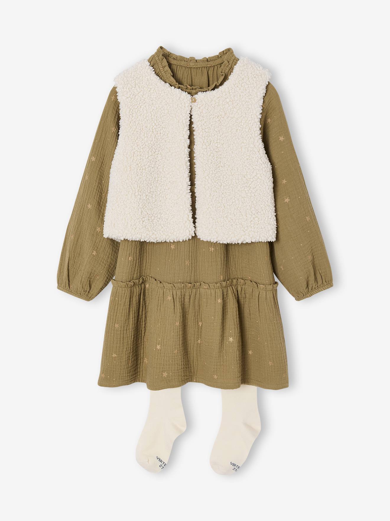 3-delige set met jurk + vestje sherpa + panty voor meisjes olijf afbeelding