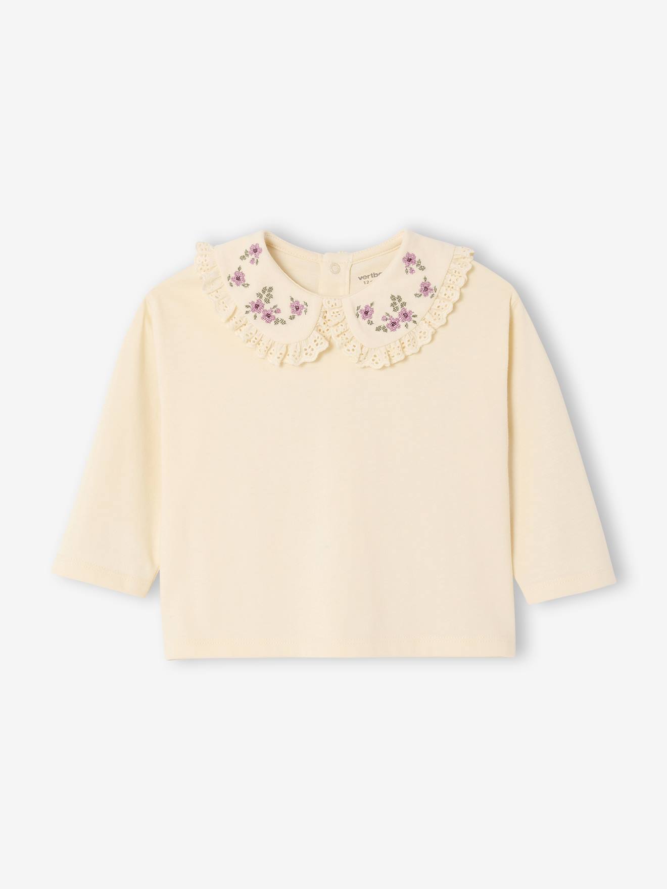T-shirt baby met lange mouwen en geborduurde kraag ecru afbeelding