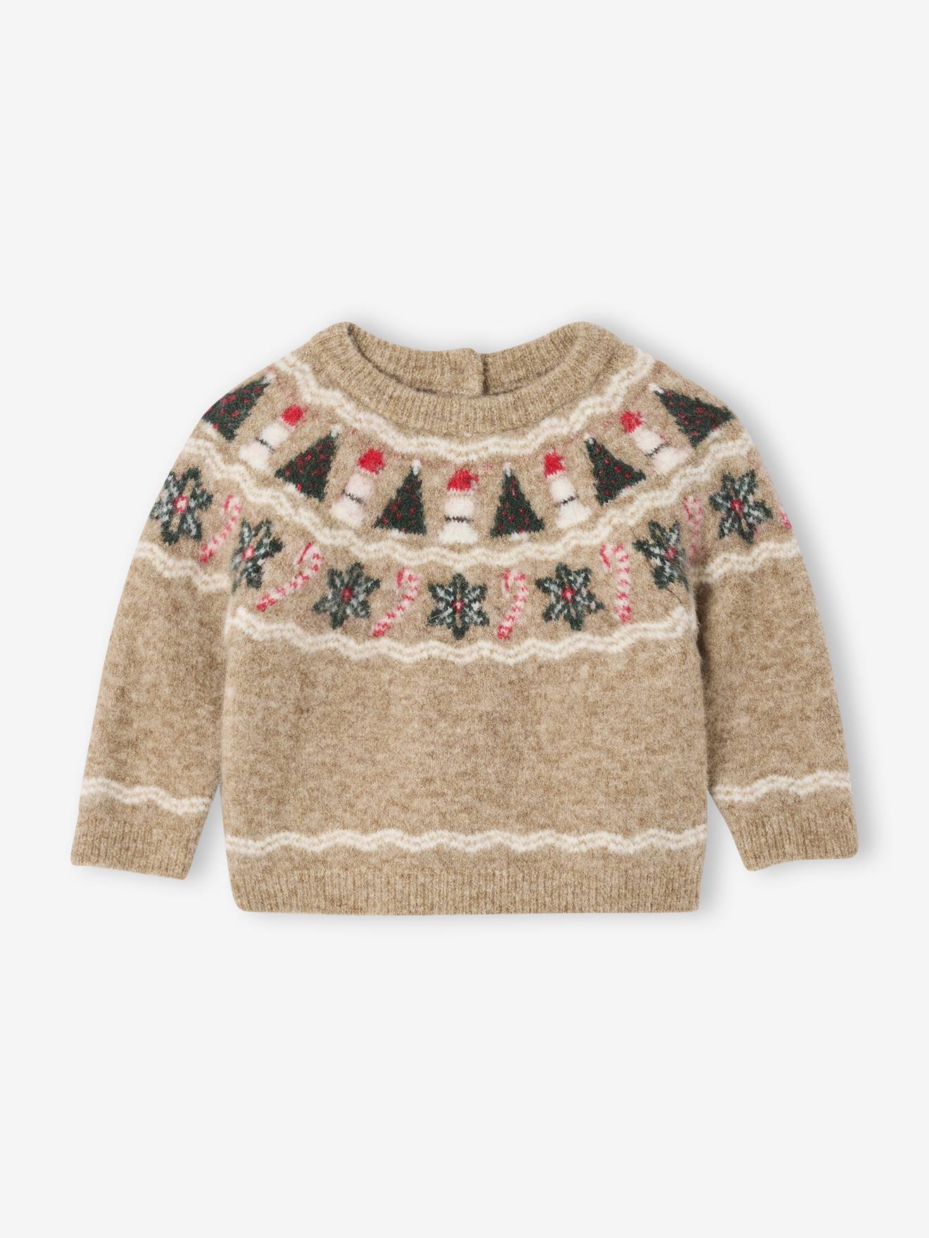 Jacquard kersttrui voor babyjongens gemêleerd beige afbeelding