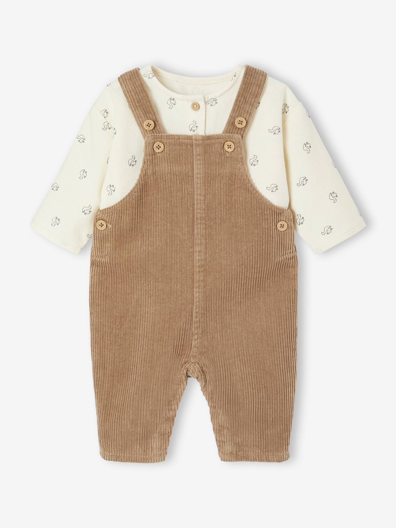 2-delige babyset met salopet van ribfluweel + T-shirt met lange mouwen ecru afbeelding