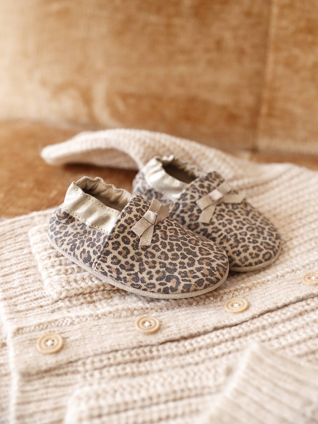 Elastische leren babyschoentjes in soepel leer beige, bedrukt afbeelding