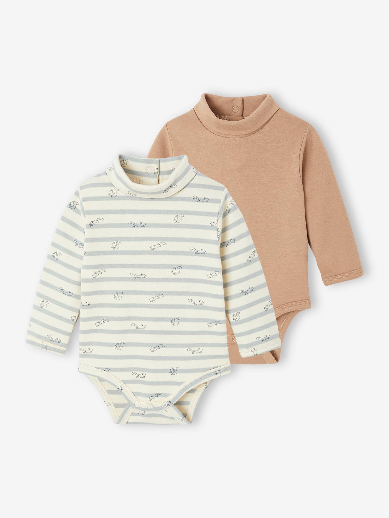 Set van 2 body's voor pasgeborenen in interlock 1 gestreept + 1 effen beige afbeelding