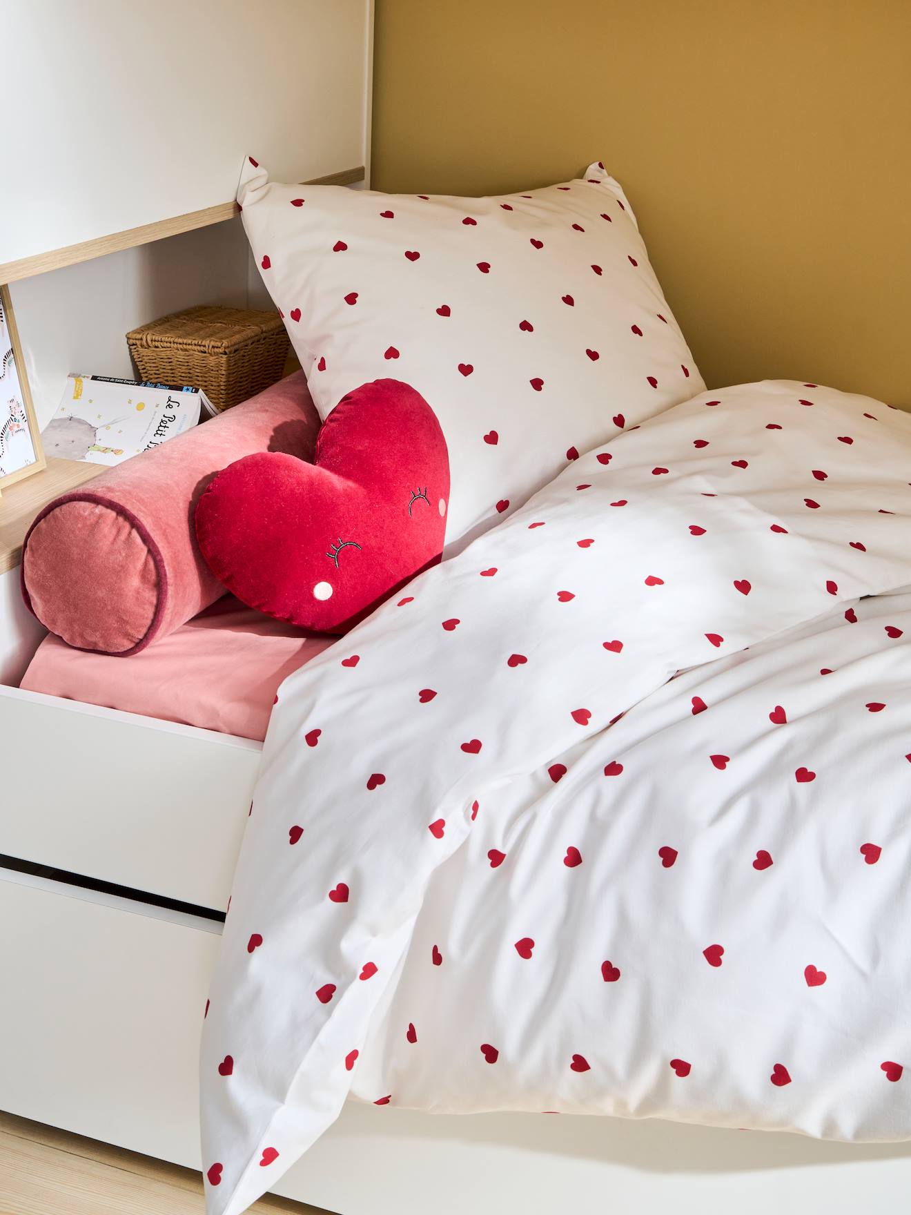 Dekbedovertrek + kussensloop kind met gerecycled katoen COEURS wit, bedrukt afbeelding