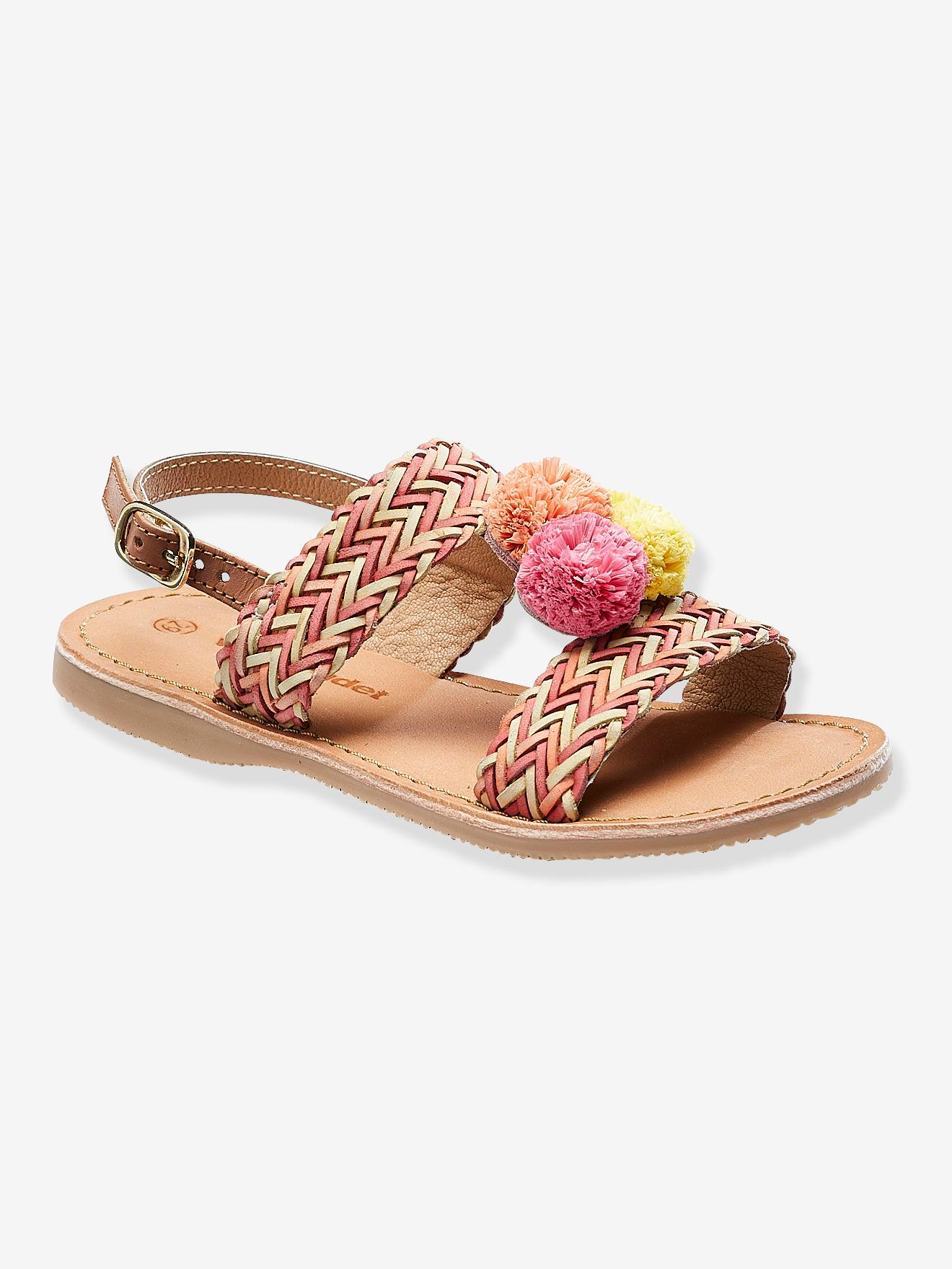 Leren meisjes sandalen met pompons roze