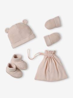 Baby-Babyset muts, wanten en sloffen van biologisch katoen en zijn aanpasbare pochon