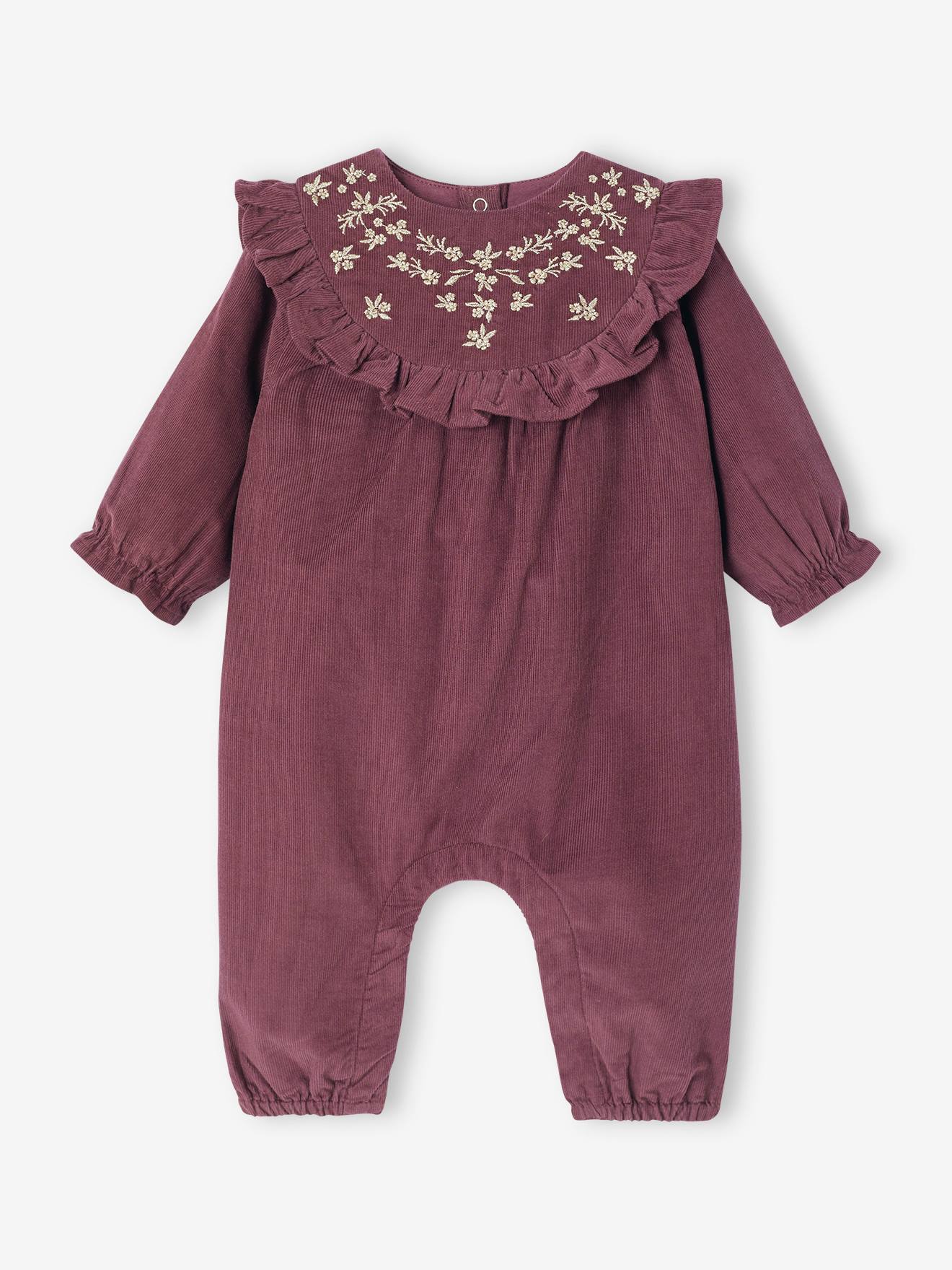 Babypakje in fluweel / velours met geborduurde en geplooide kraag aubergine afbeelding