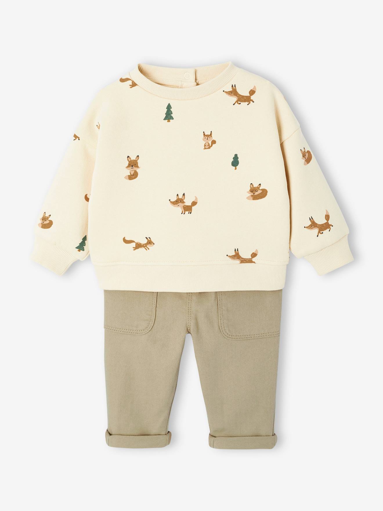 Babyset sweater met print + broek van keperstof kaki afbeelding