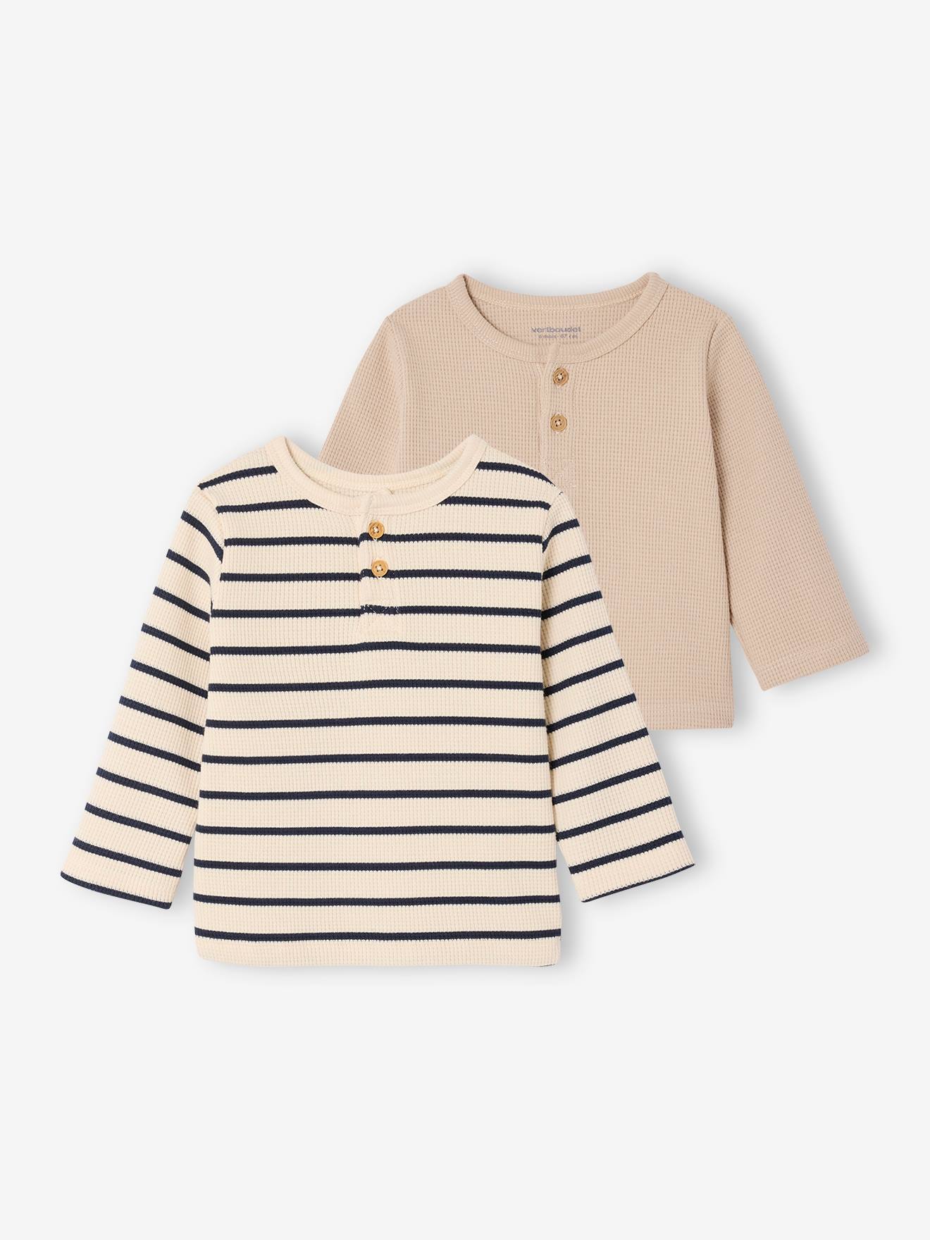 Set van 2 T-shirts baby met lange mouwen honingraat marineblauw, gestreept afbeelding