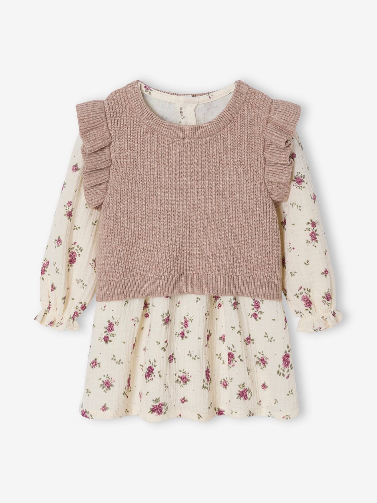 2-delige babyset met jurk met print en trui zonder mouwen ecru afbeelding