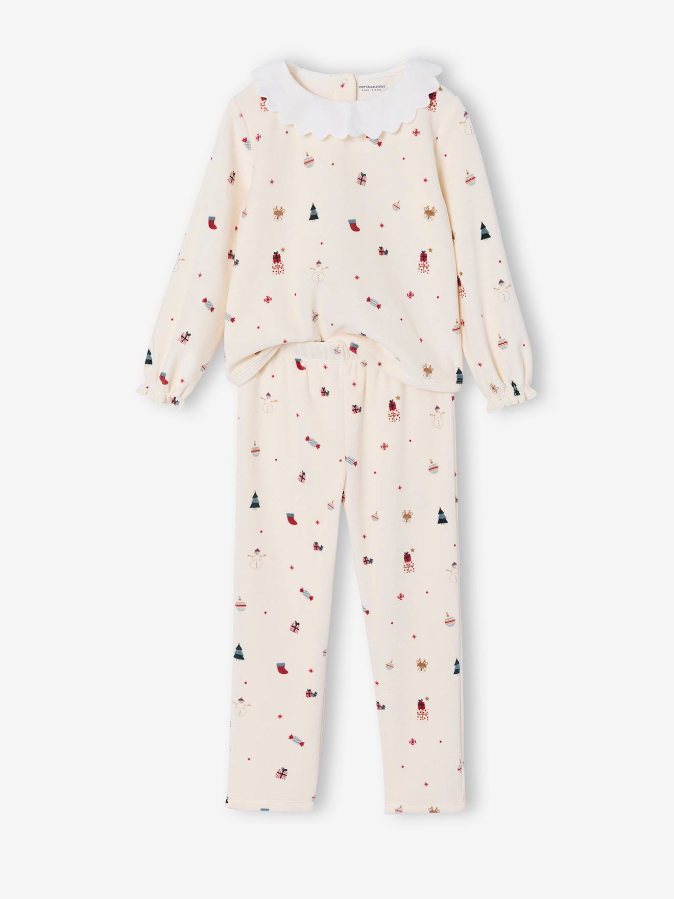 Meisjespyjama fluweel / velours met kraagje en ruches van popeline ecru afbeelding