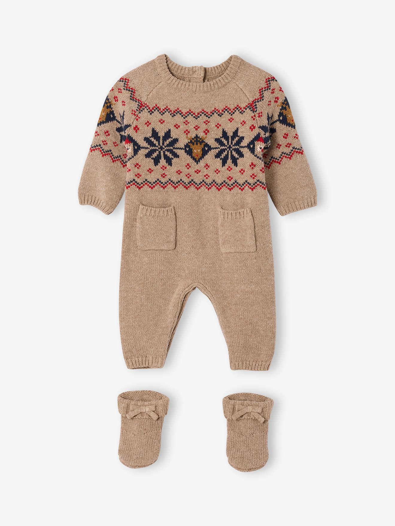 2-delige babyset met tricot babypakje + sokken in thema Kerst gemêleerd beige afbeelding