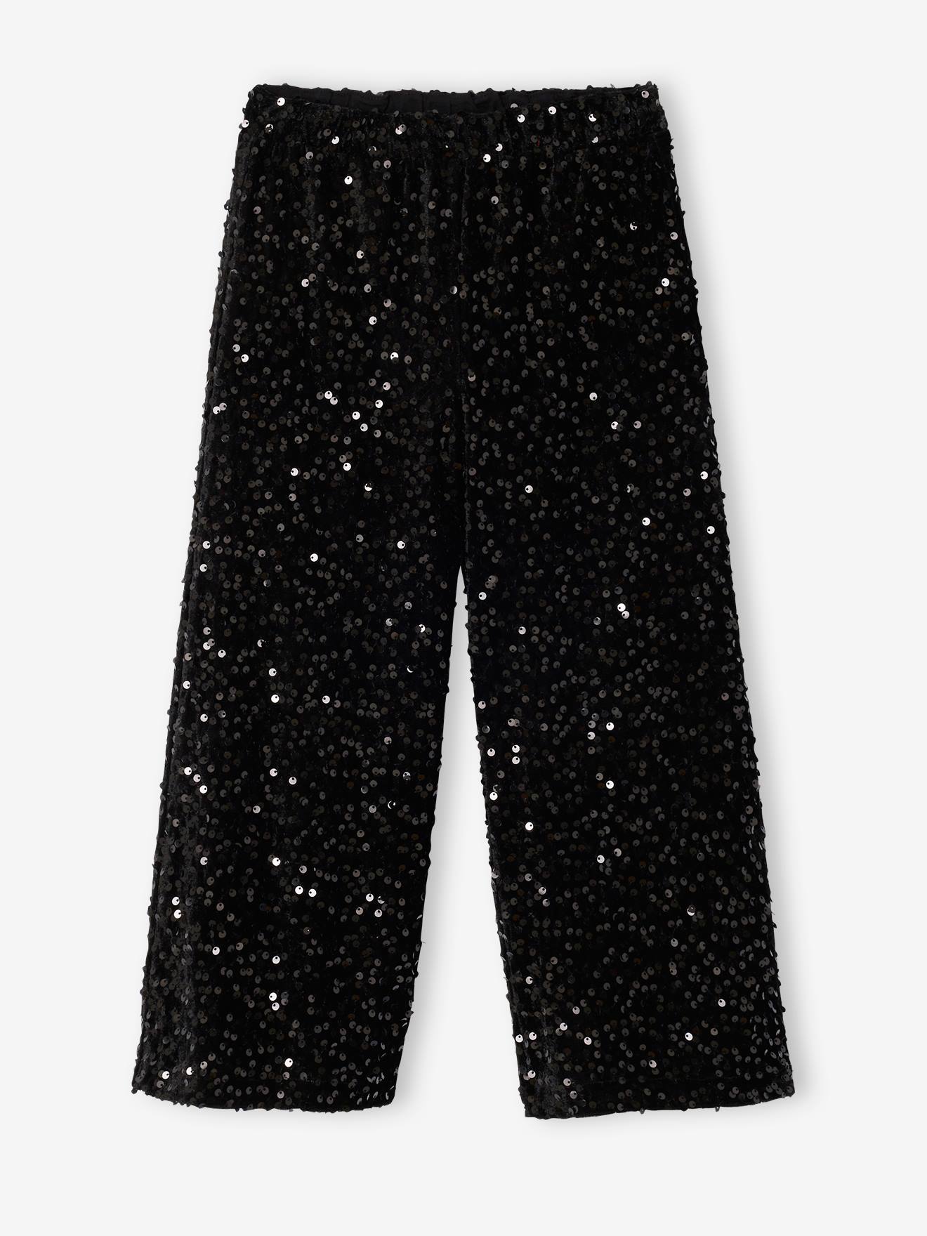 Wijde broek voor meisjes met pailletten zwart