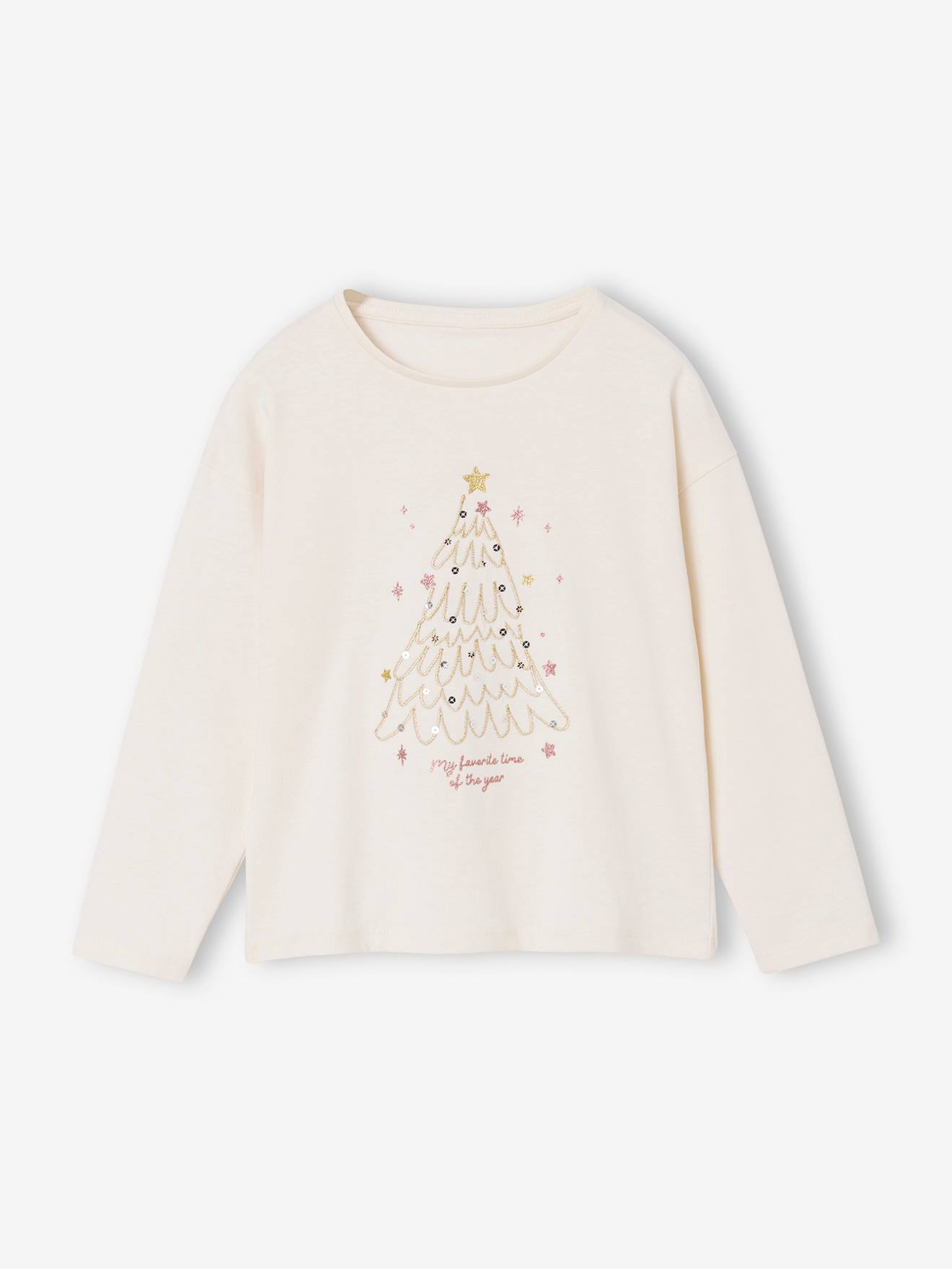 T-shirt meisjes kerstboom motief glanzend lange mouwen ecru afbeelding