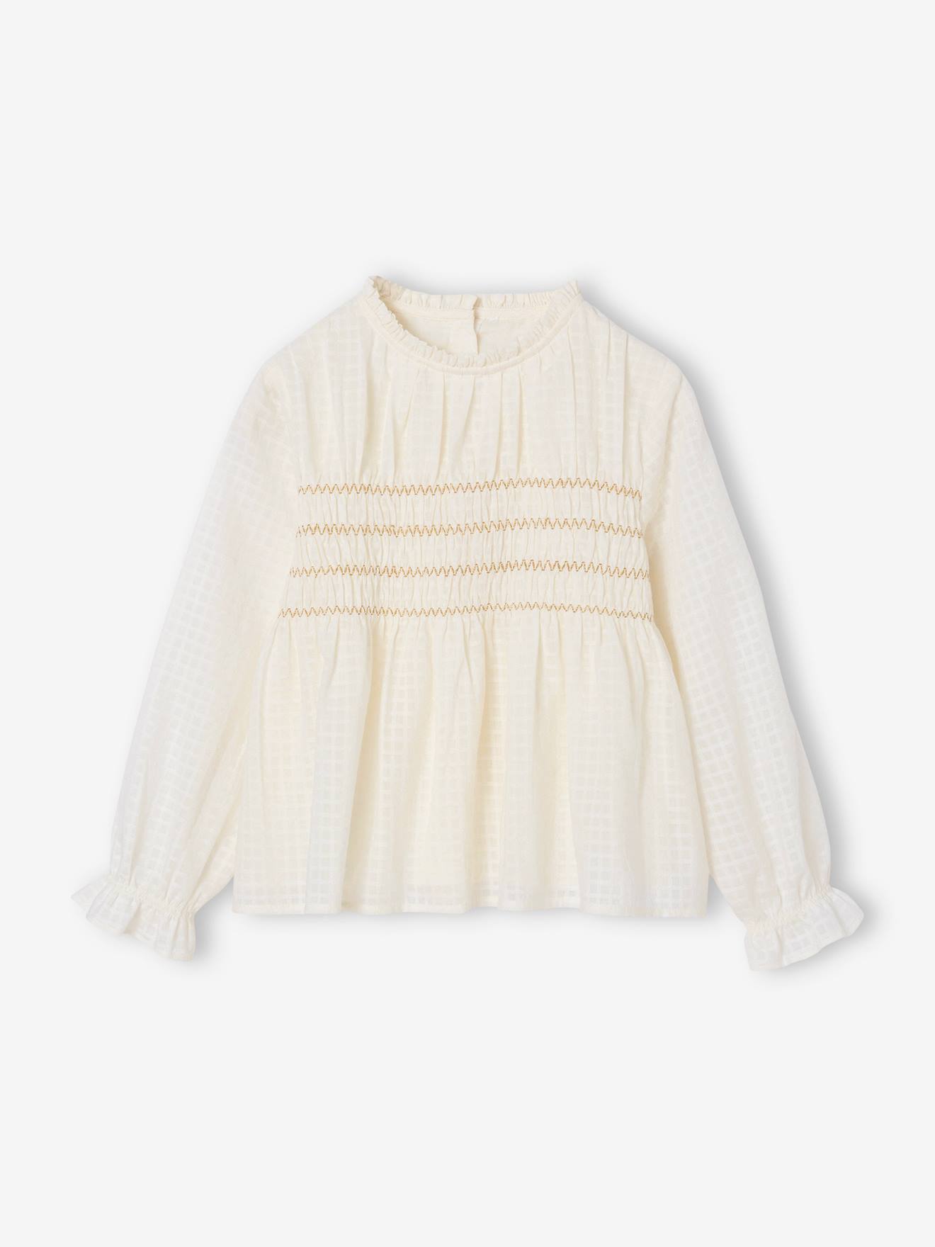 Blouse voor meisjes met geborduurde smocks voor Kerstmis ecru afbeelding