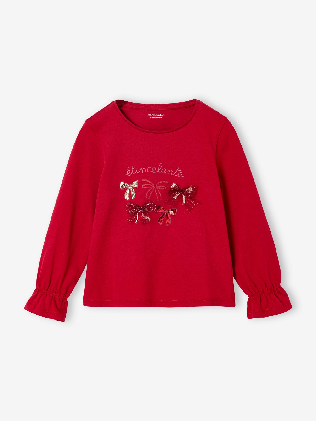 T-shirt Kerstmis meisje knoop en glitterdetails lange mouwen rood afbeelding