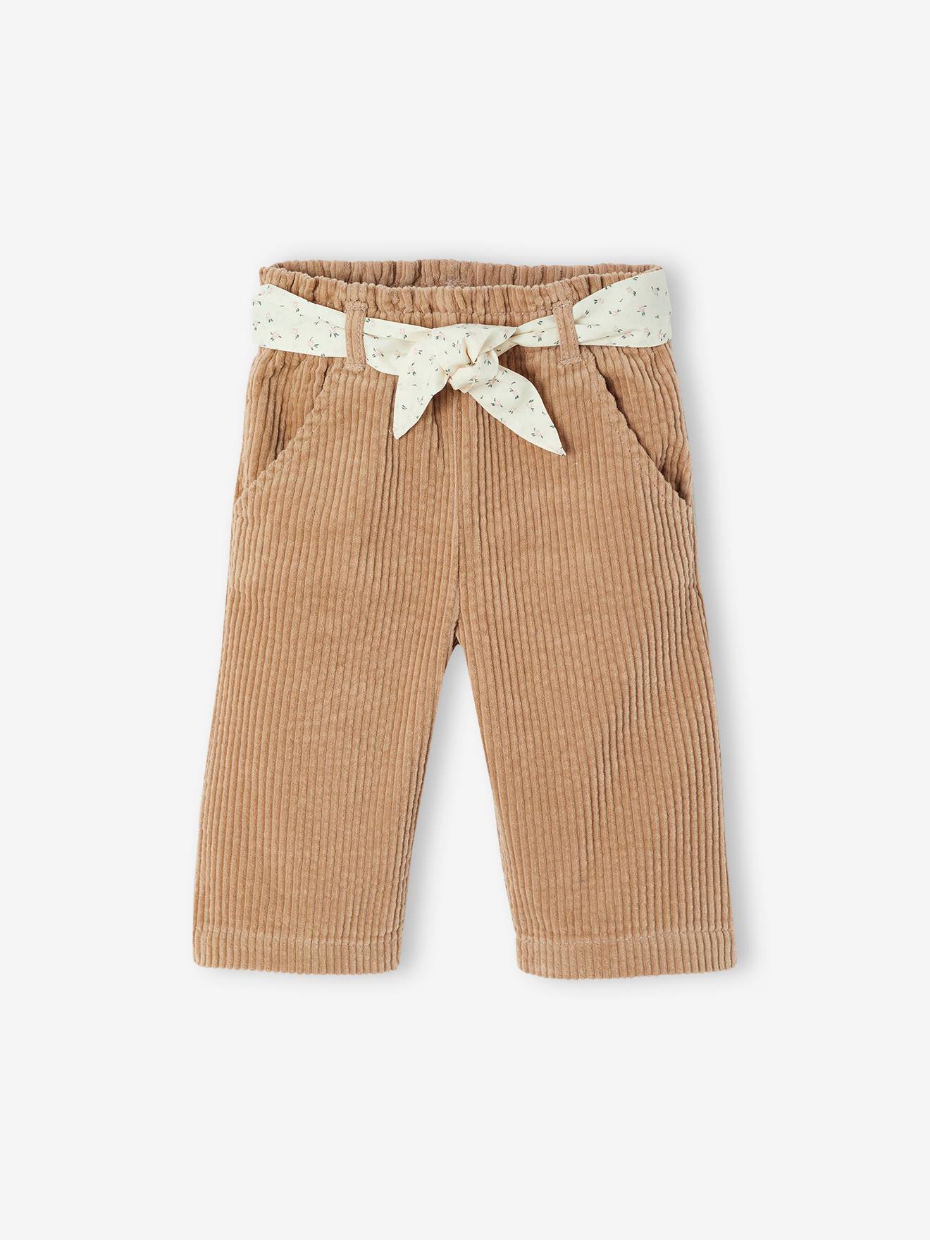 Wijde fluwelen broek met gebloede riem voor baby's beige afbeelding