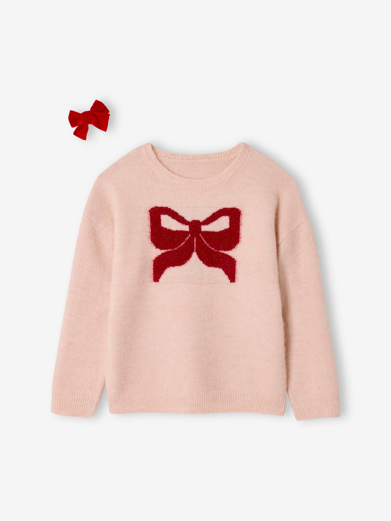 Kerstcadeauverpakking "Renne" jacquard trui + 2 scrunchies voor meisjes lichtroze afbeelding