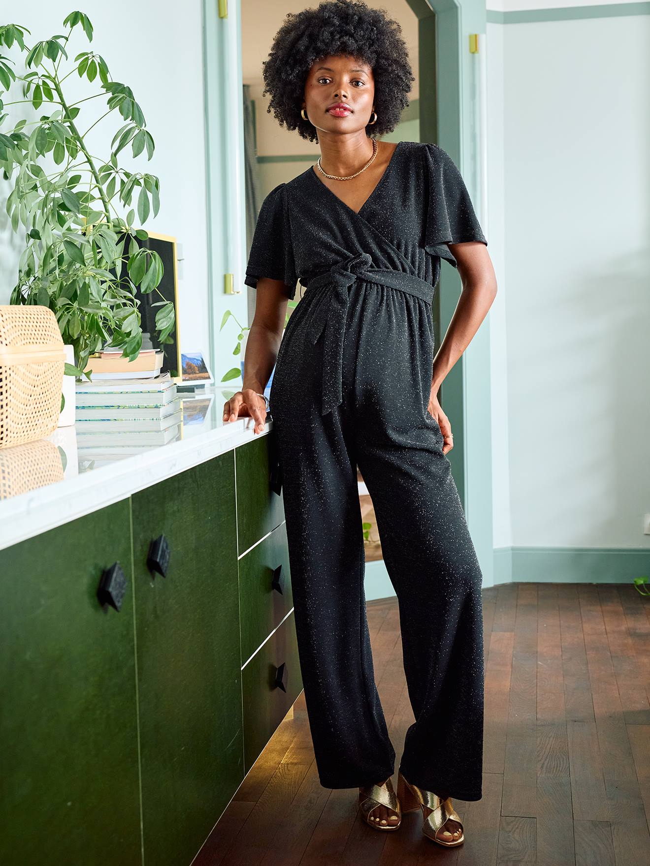 Jumpsuit voor zwangerschap en borstvoeding van glitterend fluweel / velours zwart afbeelding