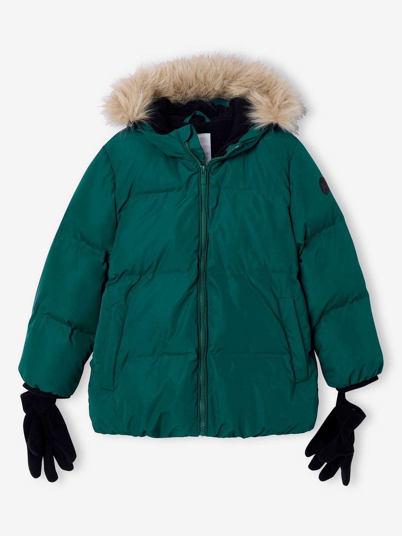 Donsjack met capuchon, fleecevoering en wanten of handschoenen dennen afbeelding