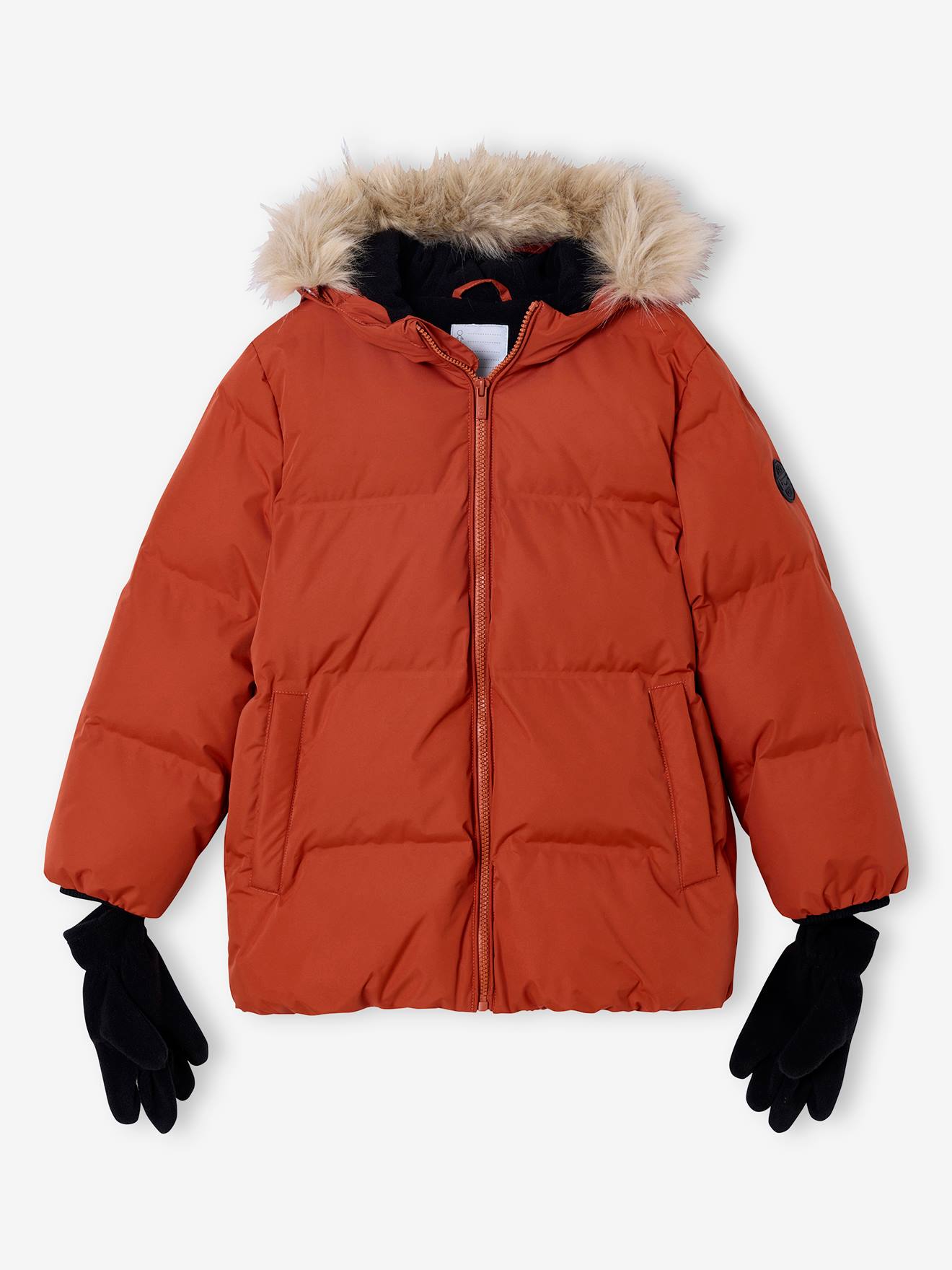 Donsjack met capuchon, fleecevoering en wanten of handschoenen amber afbeelding