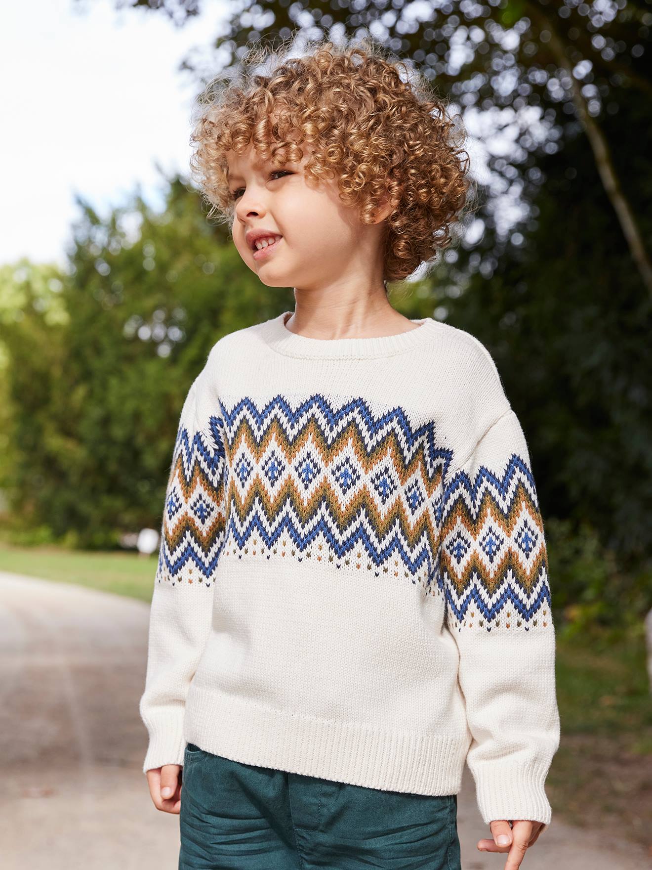 Jacquard trui voor jongens met lange mouwen ecru afbeelding