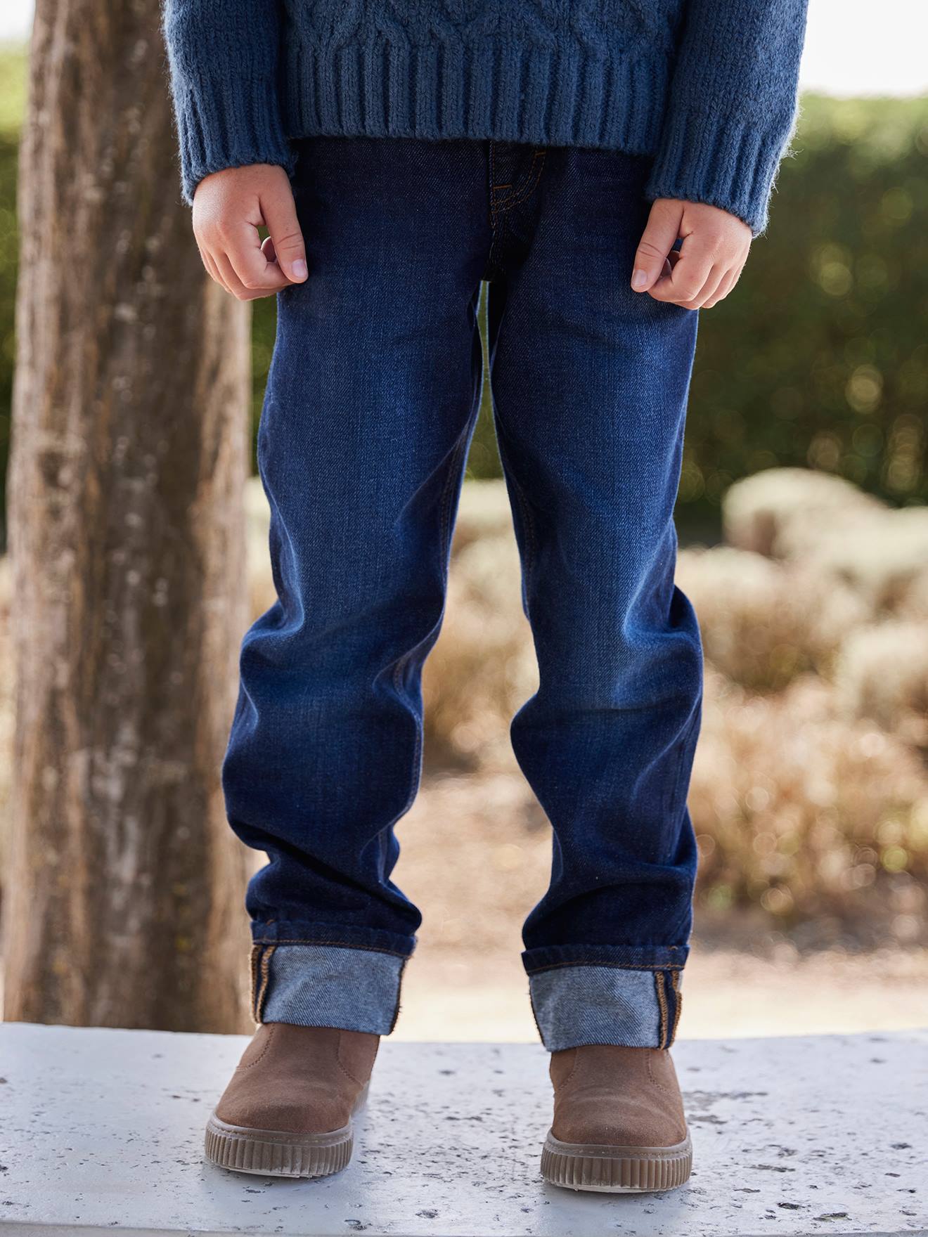 Rechte jeans voor jongens met omslag ongewassen denim afbeelding