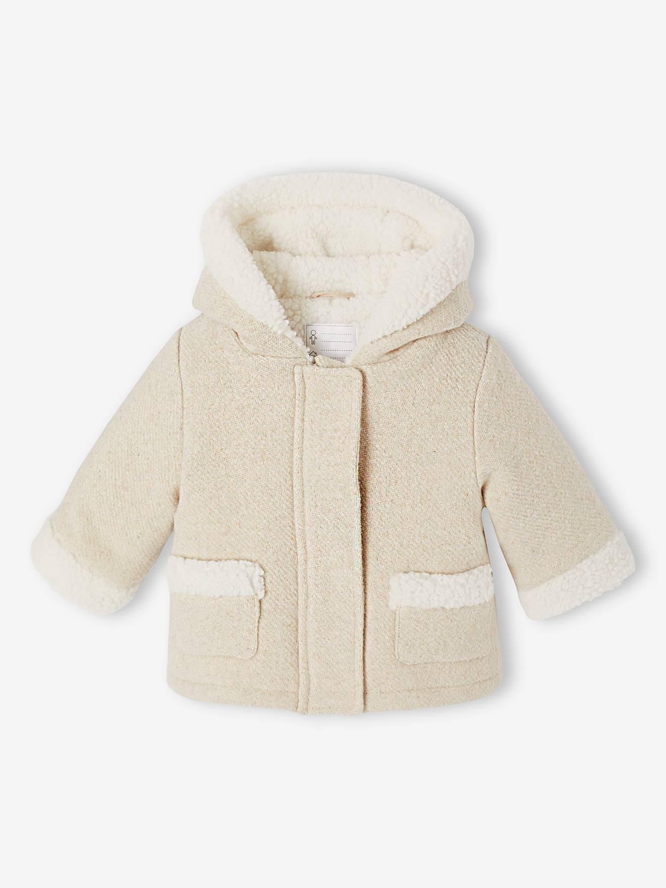 Babymantel van iriserende wollen stof met voering van imitatiebont gemêleerd beige afbeelding
