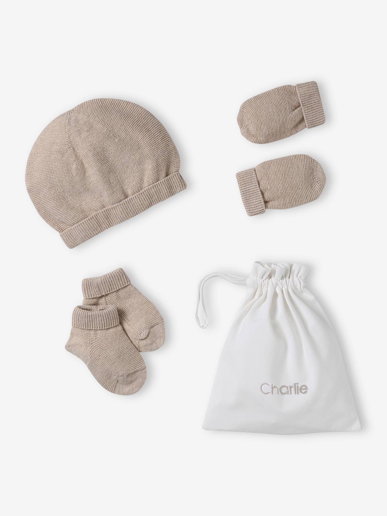 Babypakje muts, wanten en sloffen en zijn personaliseerbare zak. gemêleerd beige afbeelding